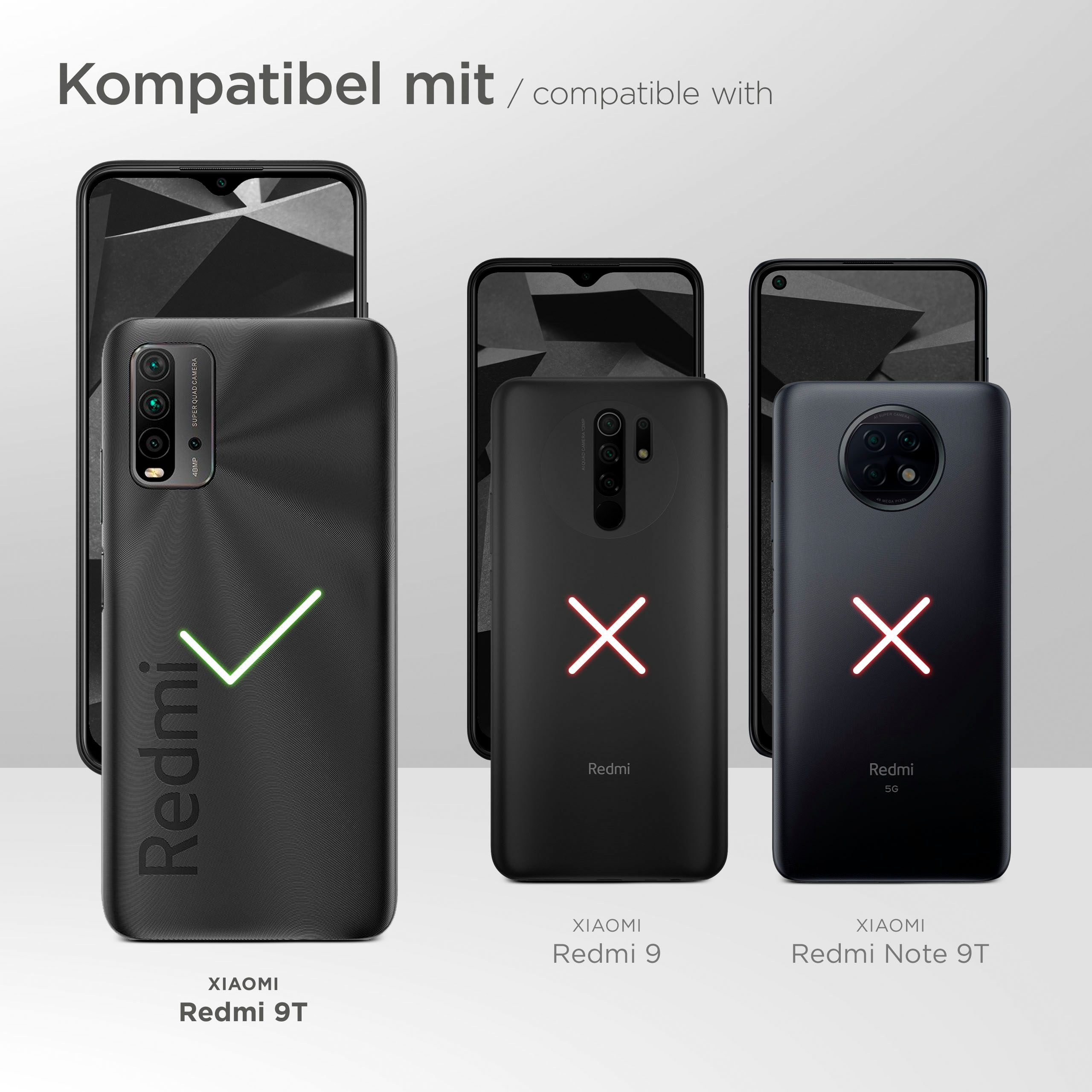 Bild zeigt Handyhüllen und Handys. Xiaomi Redmi 9T Hülle mit grünem Häkchen, andere Hüllen mit rotem X.