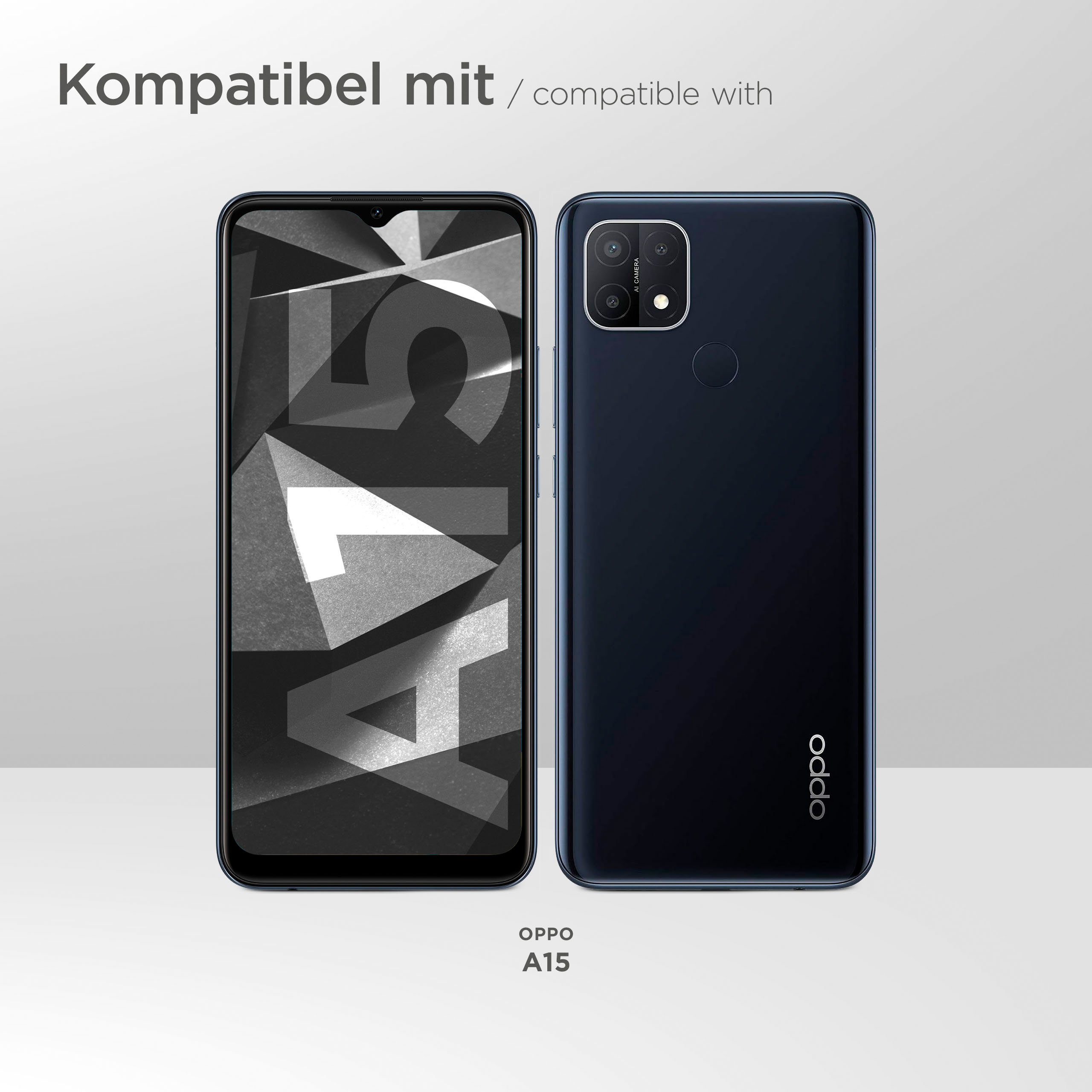 Ein schwarzes OPPO A15 Smartphone, Vorder- und Rückseite. Die Vorderseite zeigt ein geometrisches Muster.
