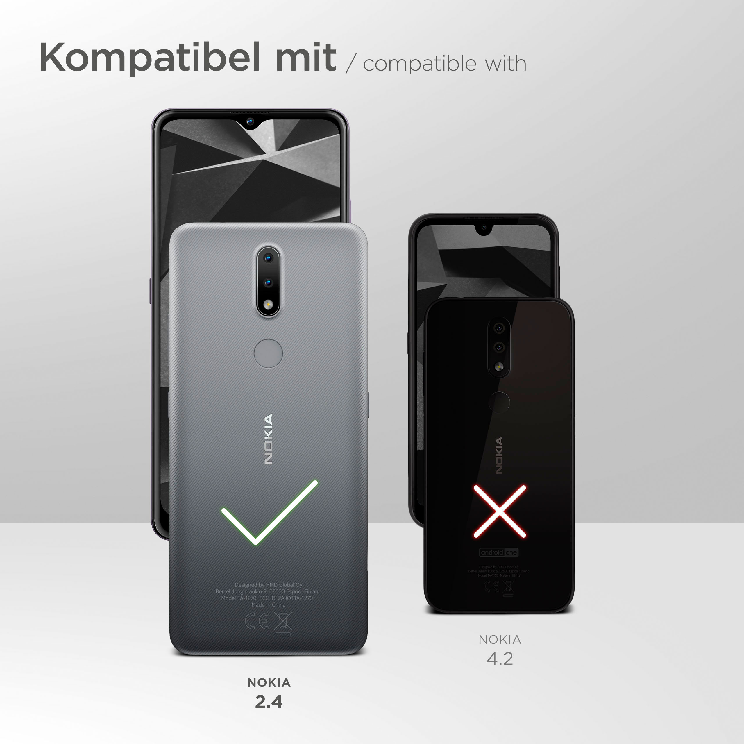 Bild mit drei Handys mit Nokia-Logo. Nur ein Handy ist mit dem Produkt kompatibel.