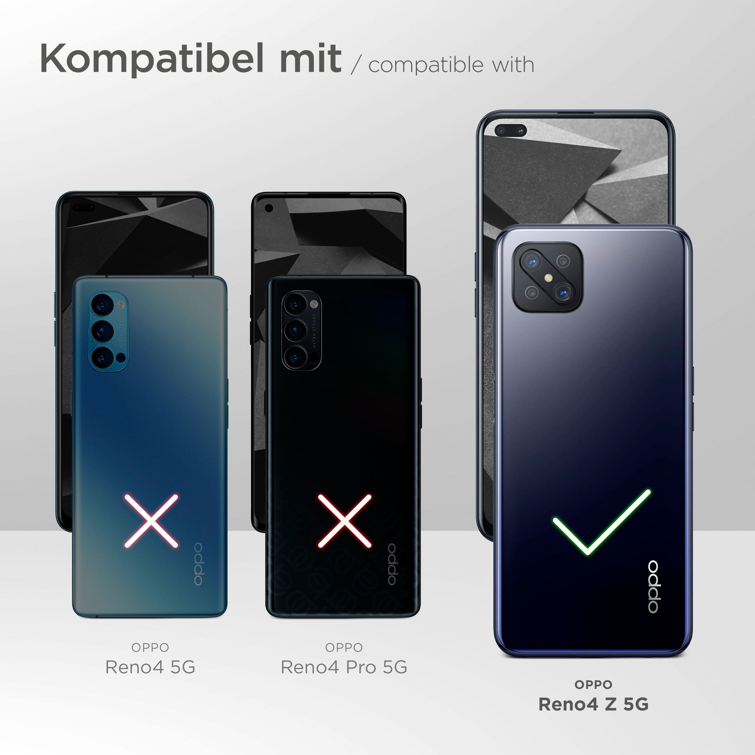 Bild zeigt Telefone mit Hüllen, Oppo Reno Z 5G passt, Reno4 5G und Reno4 Pro 5G passen nicht.