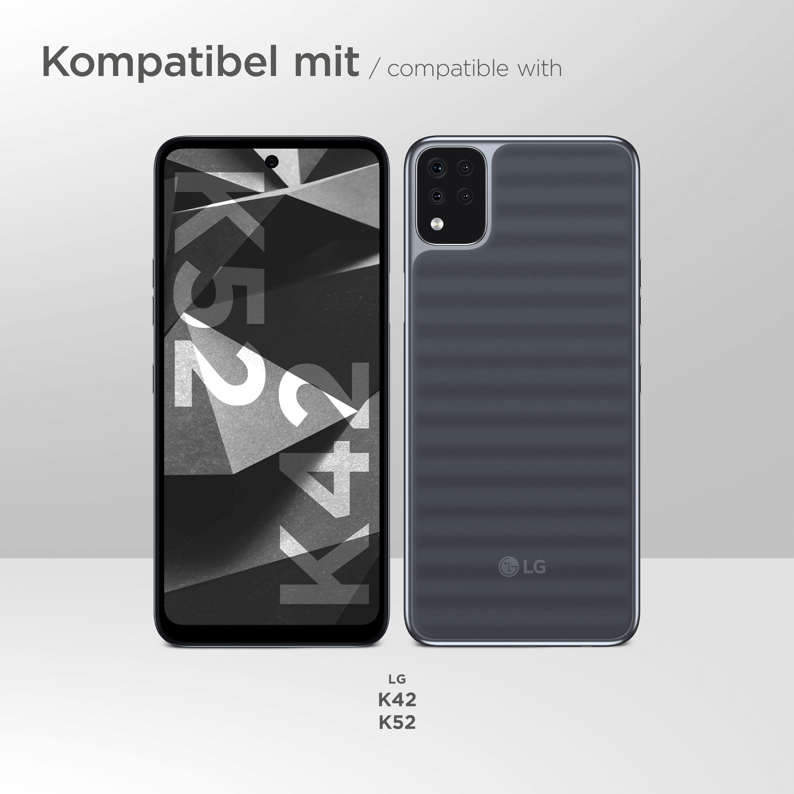 Zwei Smartphones, eines mit Hülle, Vorder- und Rückansicht. Text: 'kompatibel mit LG K42 K52'.