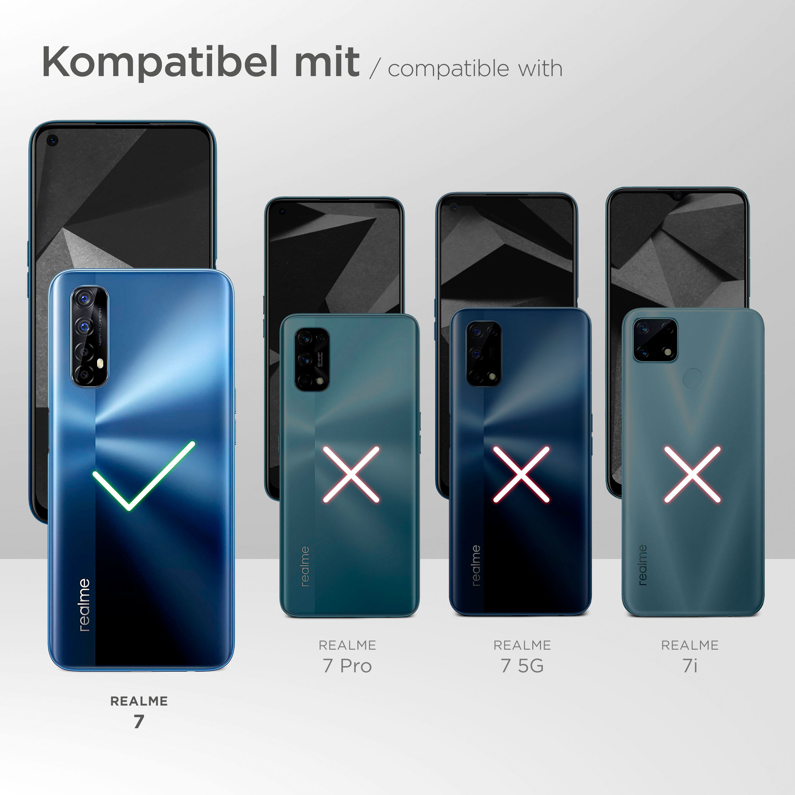 Handyhüllen-Kompatibilitätstabelle. Realme 7 ist kompatibel, andere Realme-Modelle nicht.
