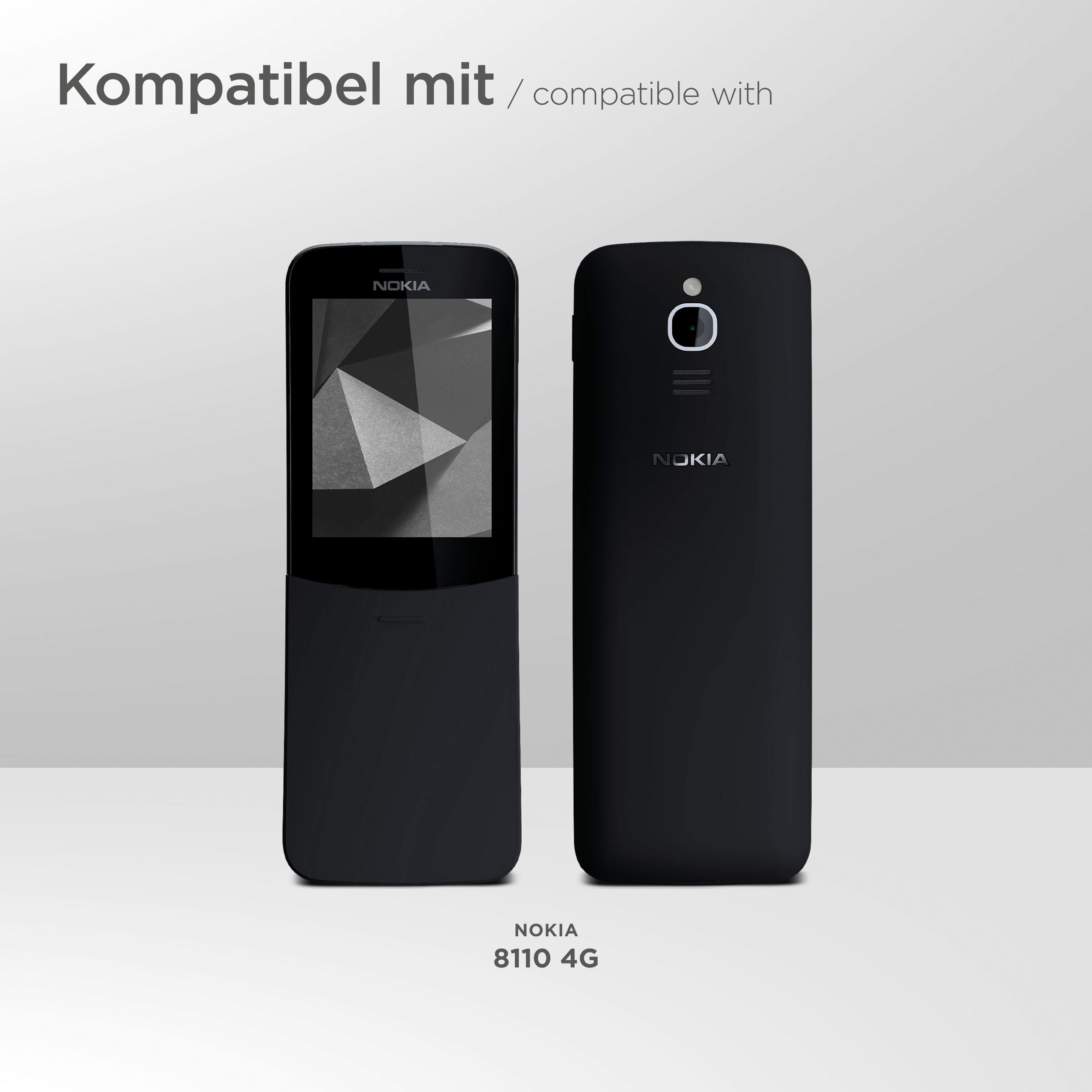 Zwei schwarze Nokia-Telefone. Eines ist geöffnet und zeigt einen Bildschirm, das andere ist geschlossen.