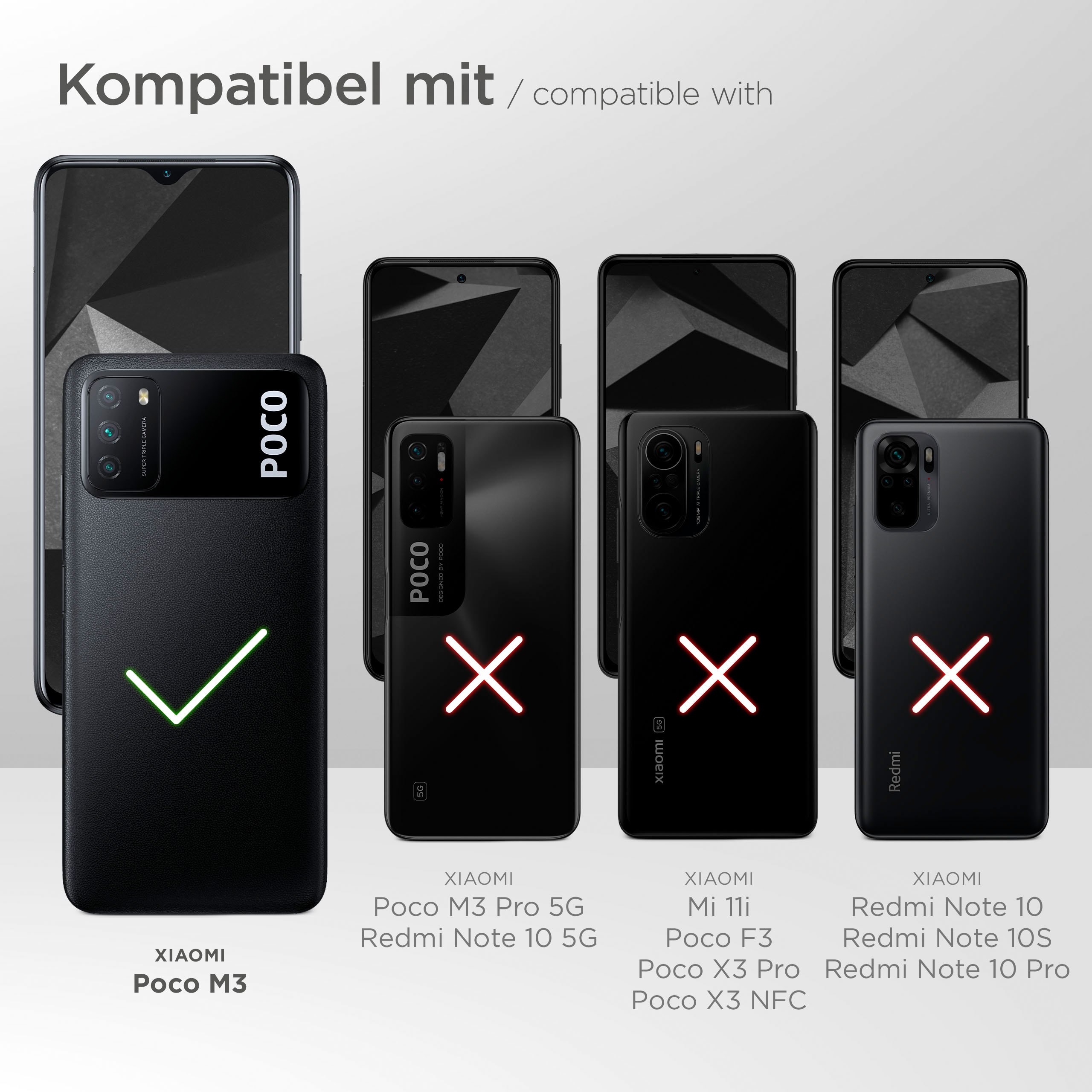 Telefone und Hüllen. Nur Poco M3 ist kompatibel, mit grünem Häkchen markiert.
