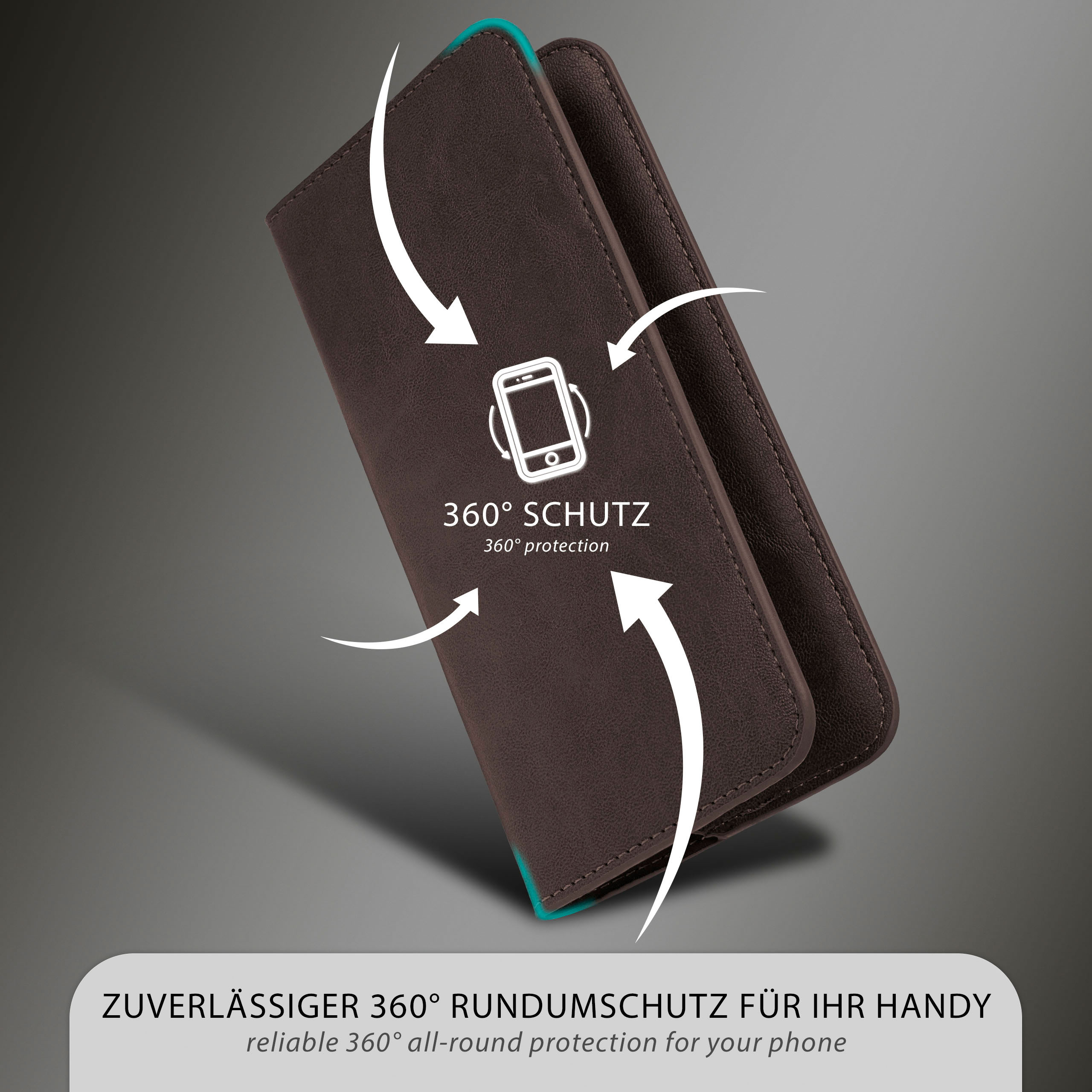 Geöffnete braune Handyhülle mit Pfeilen, Text: 360° SCHUTZ.
