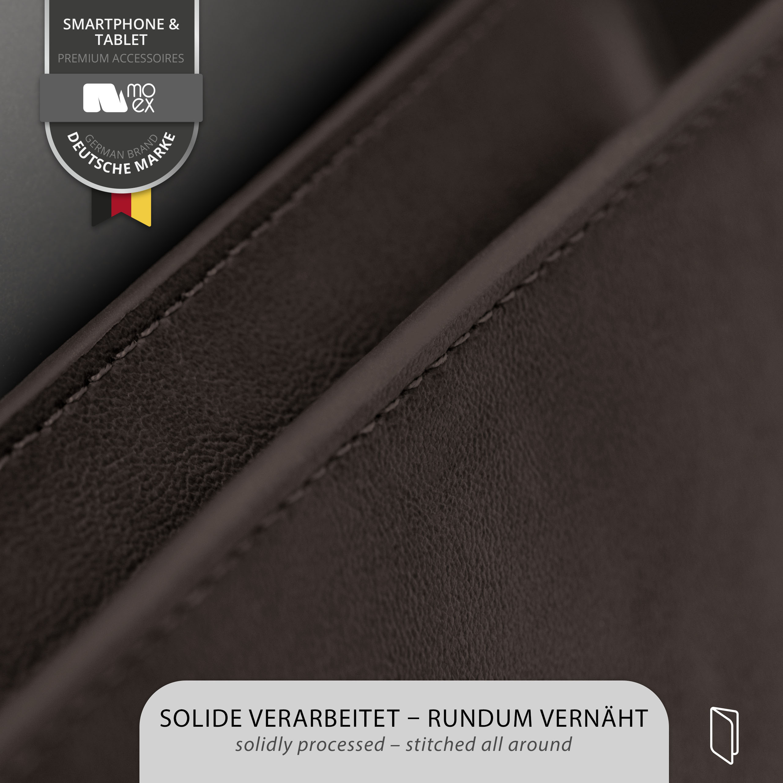 Nahaufnahme einer braunen Leder-Handyhülle. Text: solide verarbeitet - rundum vernäht.