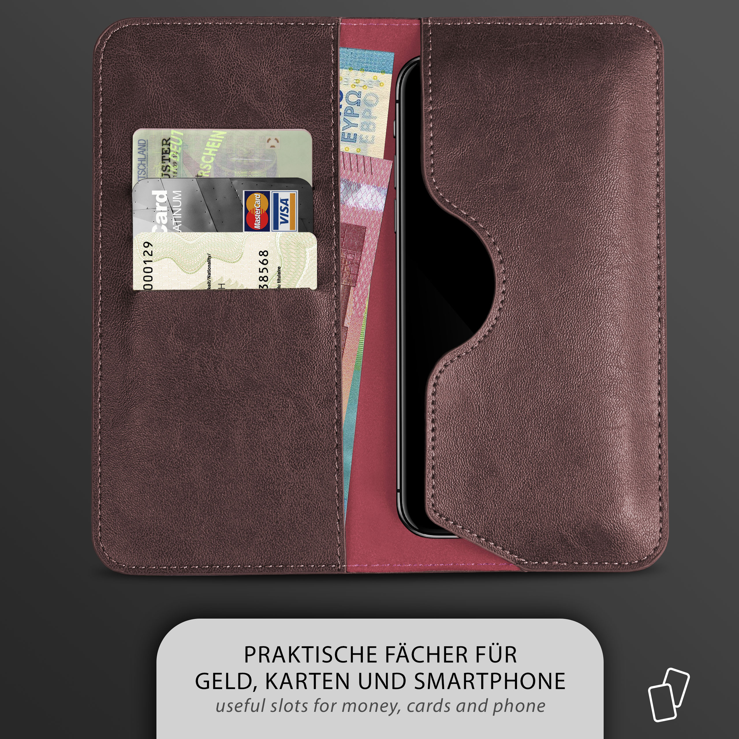 Braunes Handy-Portemonnaie mit Karten und Geld. Text: Nützliche Fächer für Geld, Karten und Telefon.