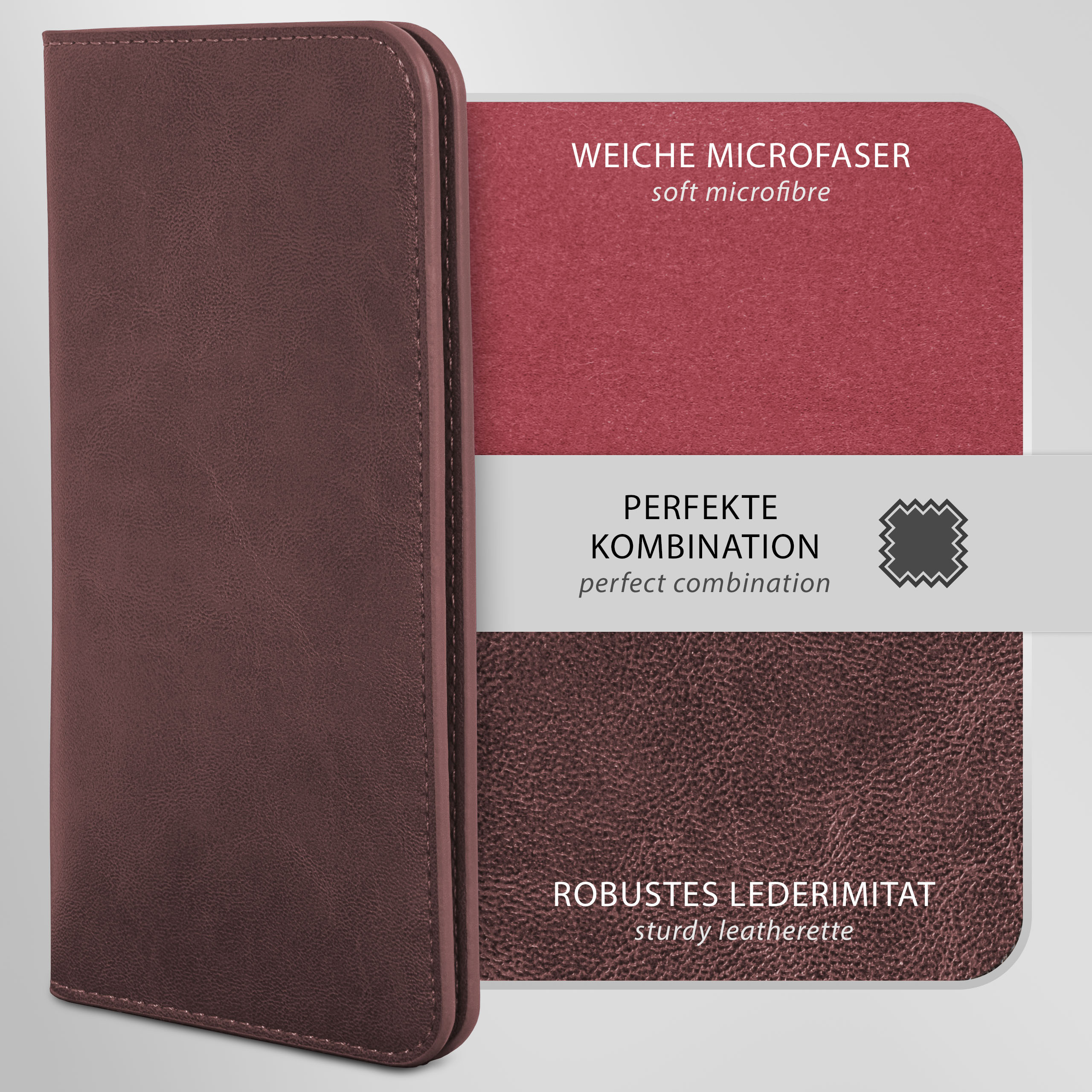 Braune Lederhülle mit Textetiketten 'WEICHE MIKROFASER' und 'ROBUSTES LEDERIMITAT'.