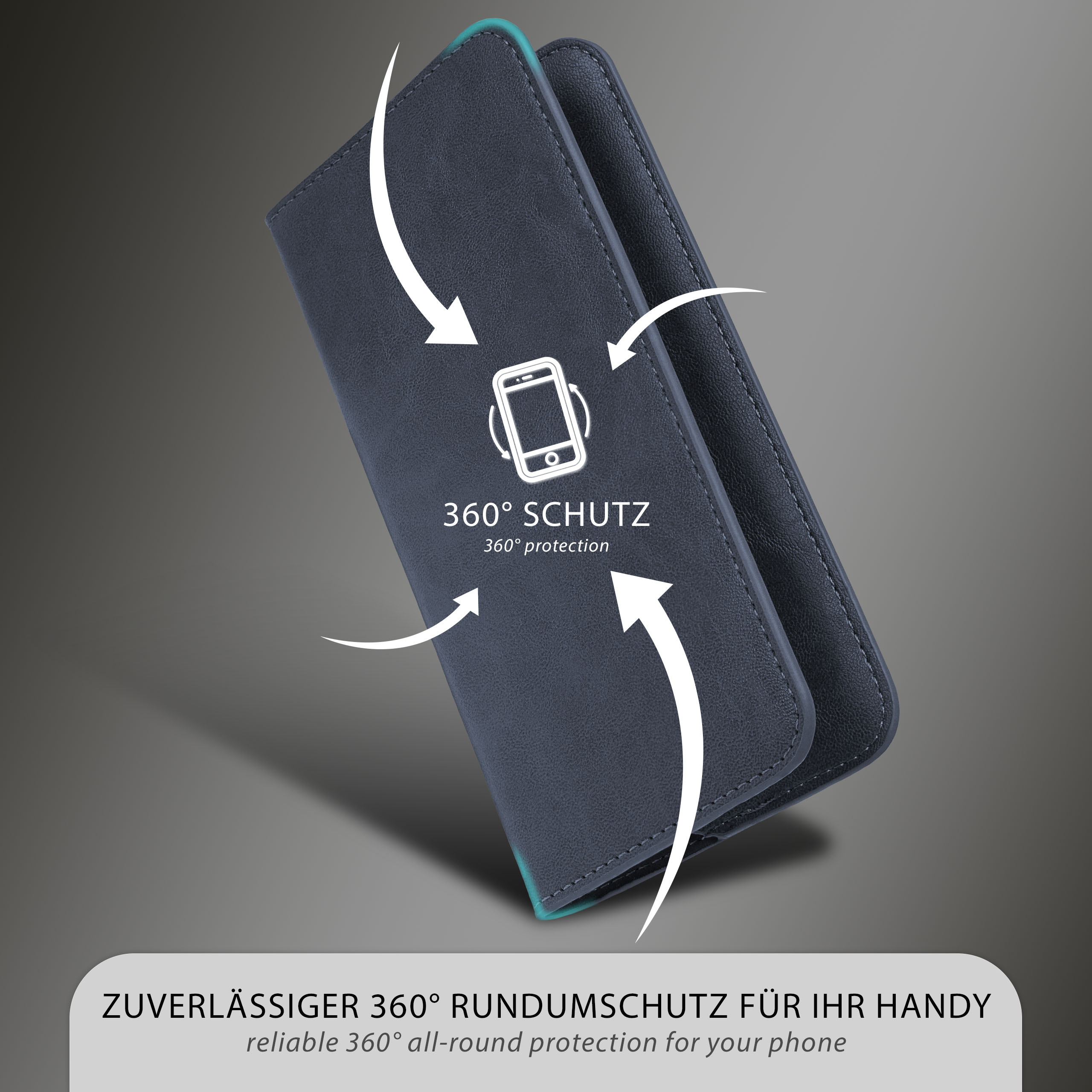 Eine blaue Handyhülle mit Pfeilen. Text: '360° Schutz' und '360° protection'.