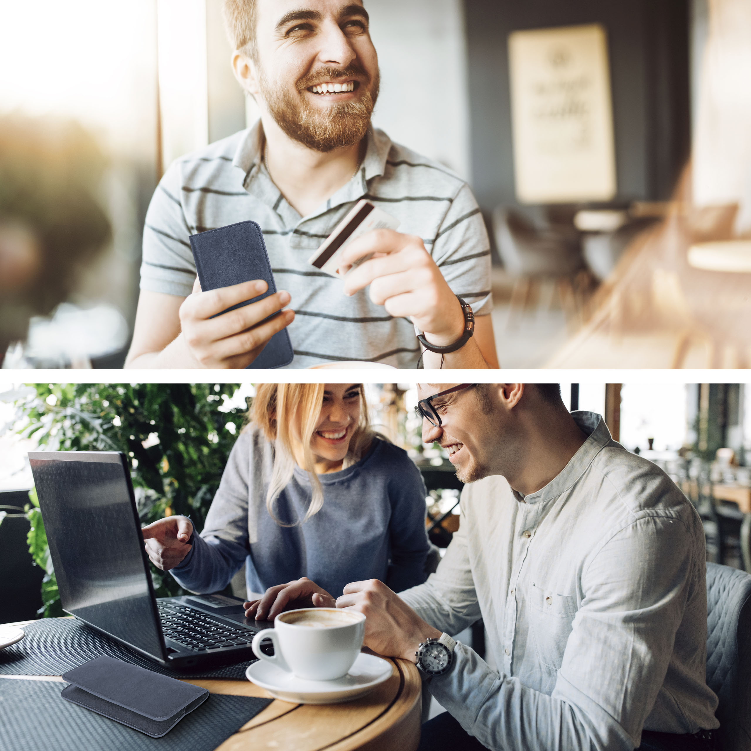 Personen, die Telefone benutzen, einer zahlt mit Karte, der andere benutzt einen Laptop.