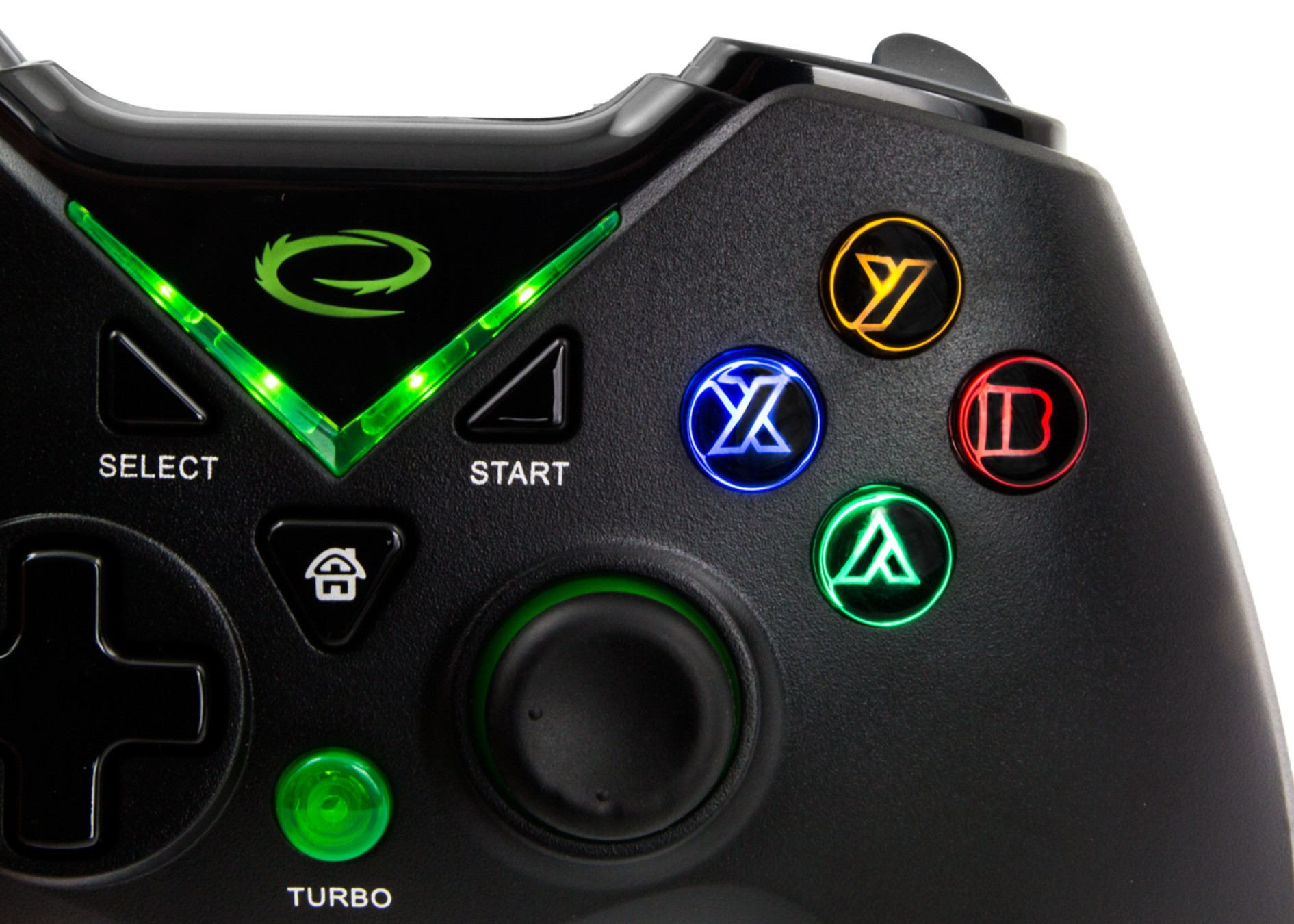 Primo piano di un controller di gioco nero. I pulsanti sono illuminati di giallo, blu, rosso e verde.
