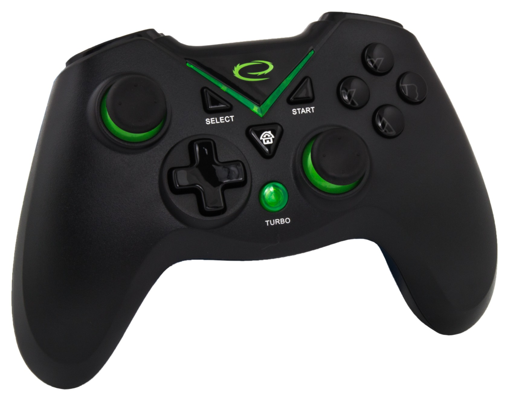 Controller di gioco nero. Controller di gioco nero con dettagli verdi, pulsanti e logo verde.