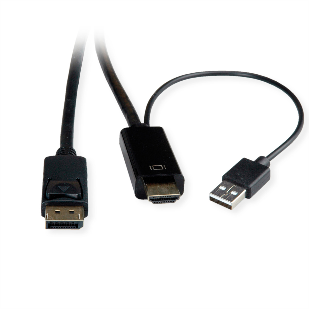 Trois câbles de connexion noirs : DisplayPort vers HDMI et USB vers DisplayPort.