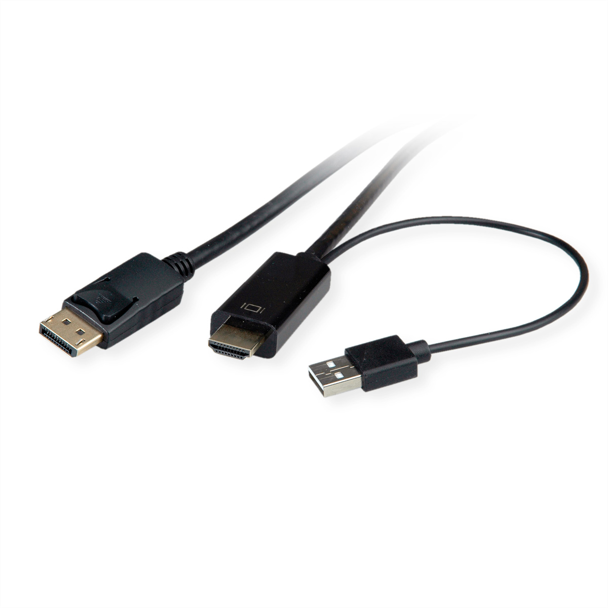Trois câbles noirs avec différents connecteurs : DisplayPort, HDMI et USB.