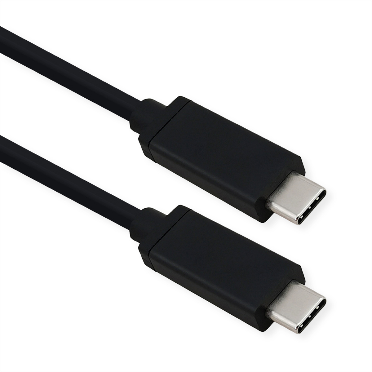 Zwei schwarze USB-C-Kabel mit Steckern an jedem Ende. Die Kabel liegen auf weißem Hintergrund.