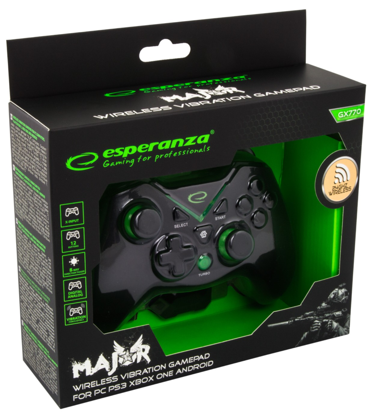Gamepad nero e verde in una scatola. Ha pulsanti e un logo.