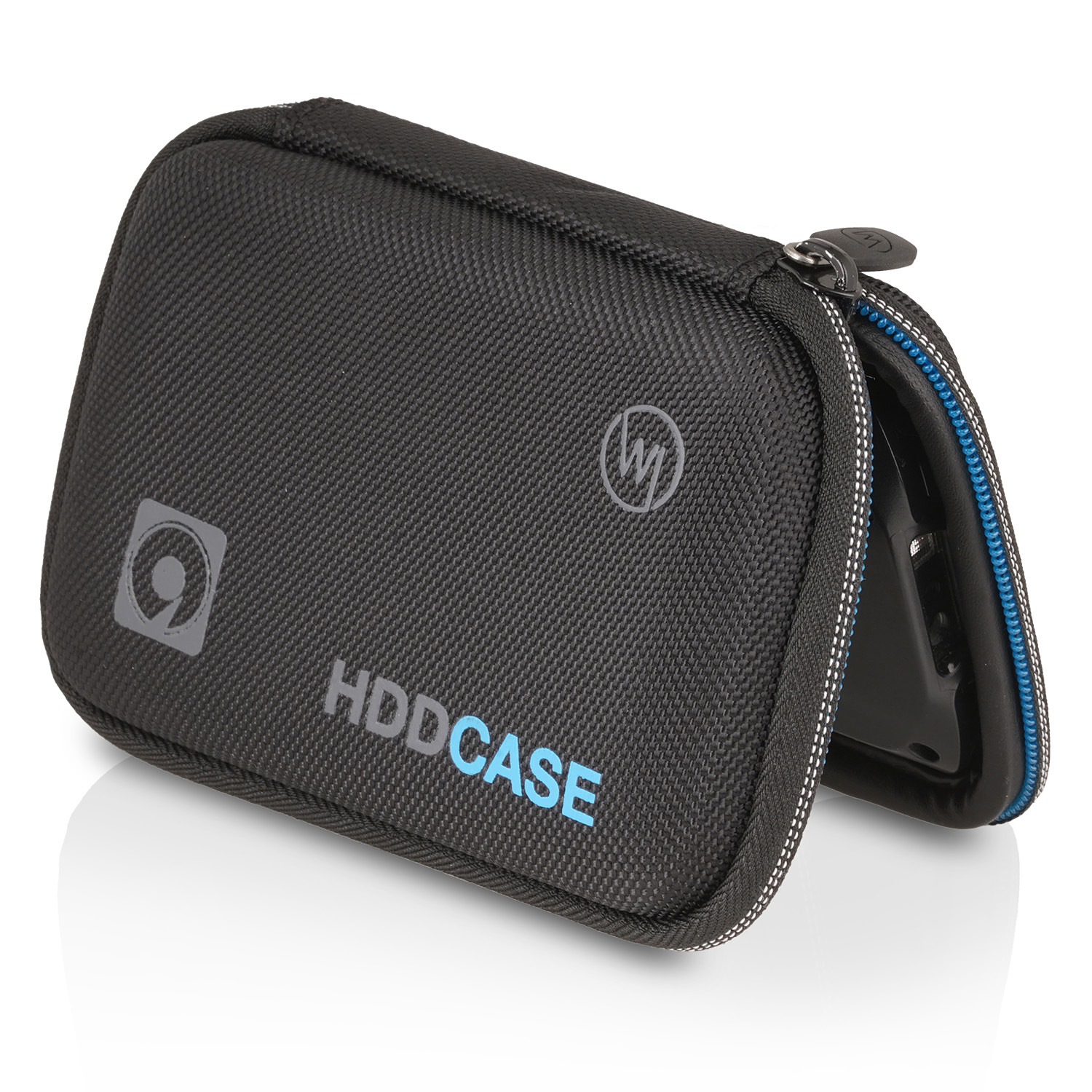 Eine schwarze, Reißverschluss-Festplattenhülle mit blauem Reißverschluss, mit Logo und Text 'HDDCASE'.