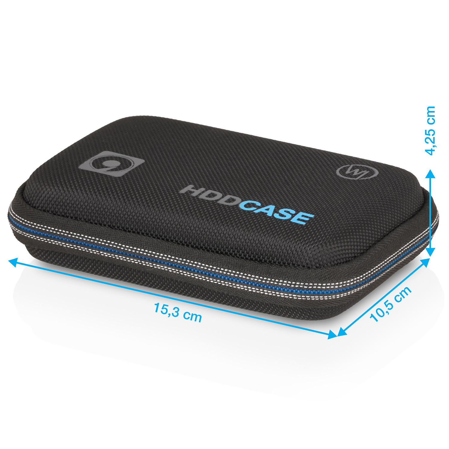 Schwarze HDD-Hülle mit blauen Akzenten. Maße: 15,3 cm x 10,5 cm x 4,25 cm. Auf der Hülle steht HDDCASE.