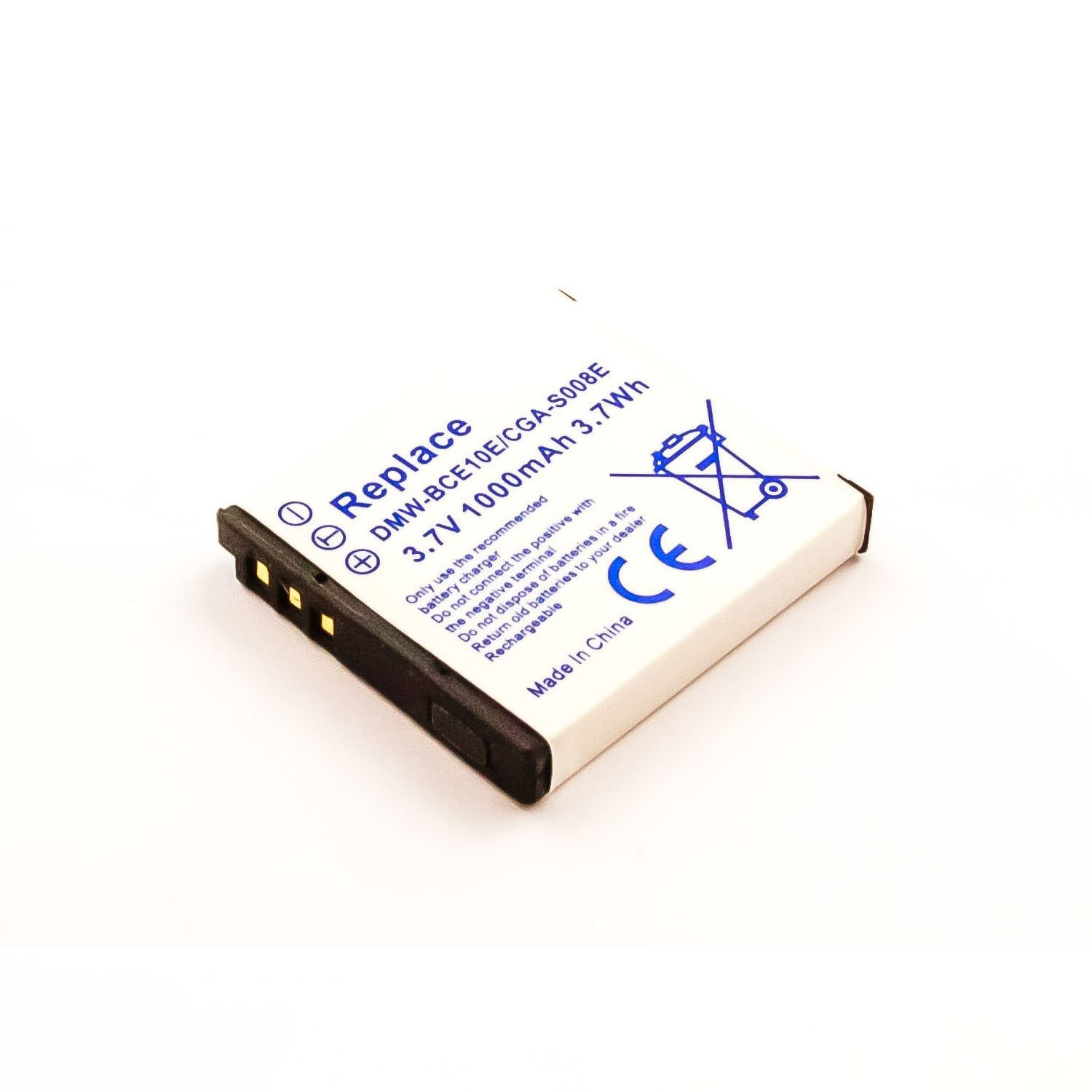 Eine kleine weiße Batterie mit Text und Symbolen, isoliert auf weißem Hintergrund.