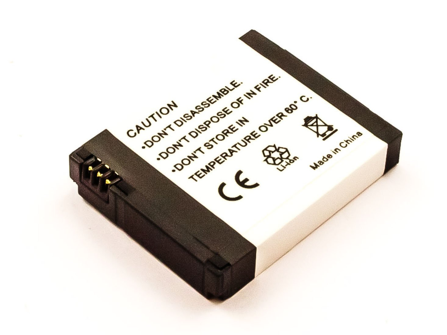 Kleine schwarz-weiße Batterie, mit Text: Vorsicht, nicht zerlegen, nicht ins Feuer werfen.