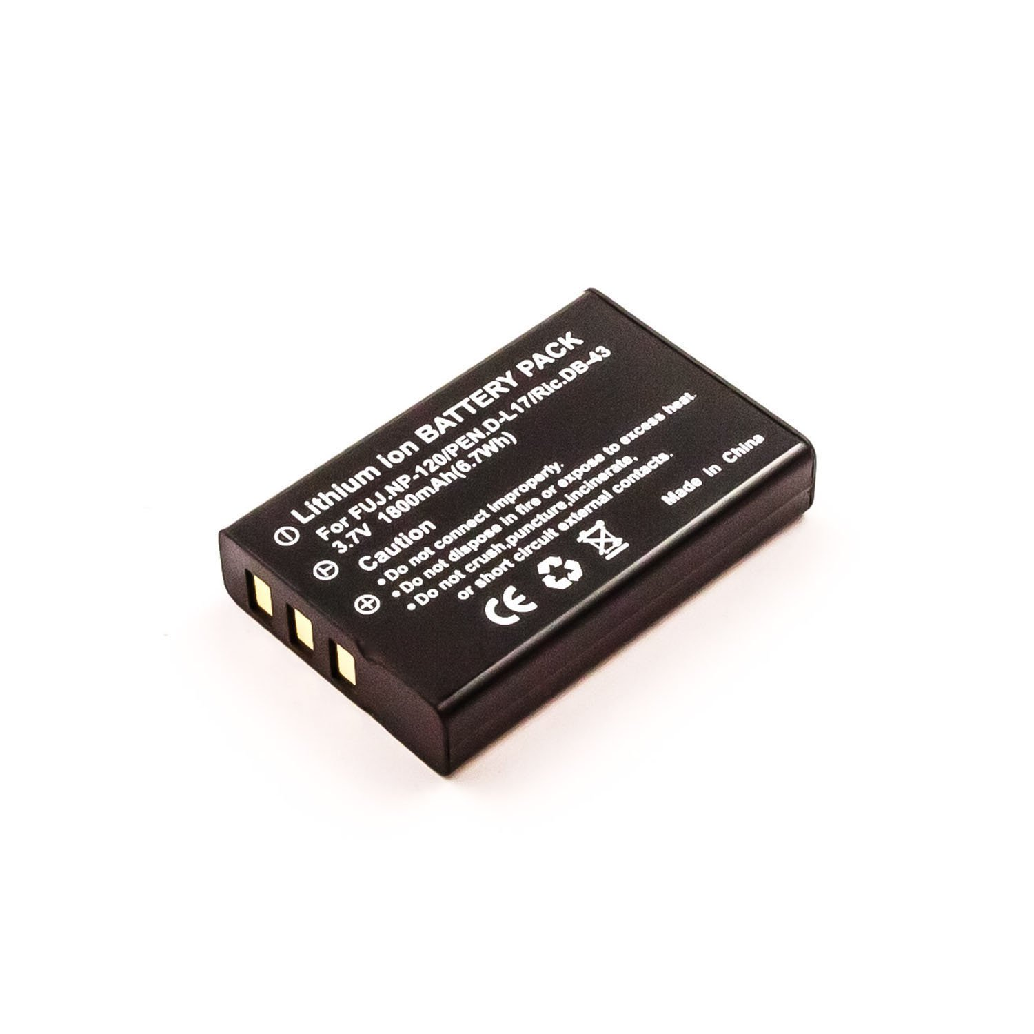 Schwarzer Lithium-Ionen-Akku mit weißen Etiketten. Vorsichtshinweis auf dem Etikett. Weißer Hintergrund.