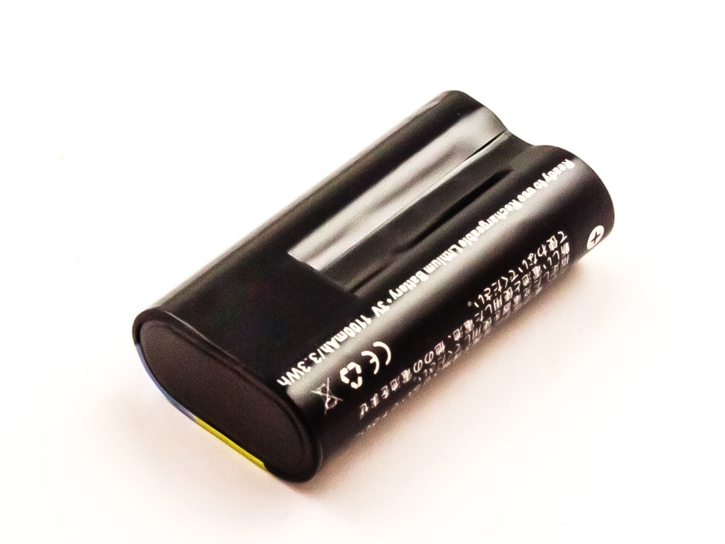 Eine schwarze Batterie. Sie hat weißen Text und ein blaues und gelbes Ende.