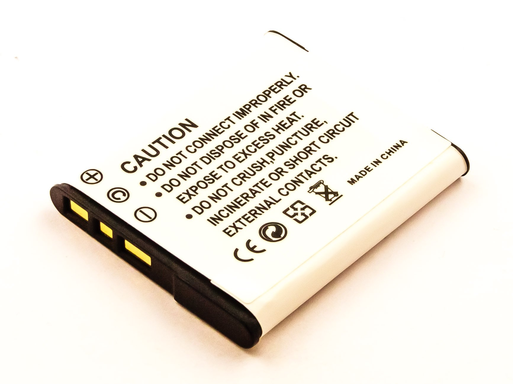 Weiße rechteckige Batterie mit Text: VORSICHT, nicht unsachgemäß anschließen usw. CE-Symbol.