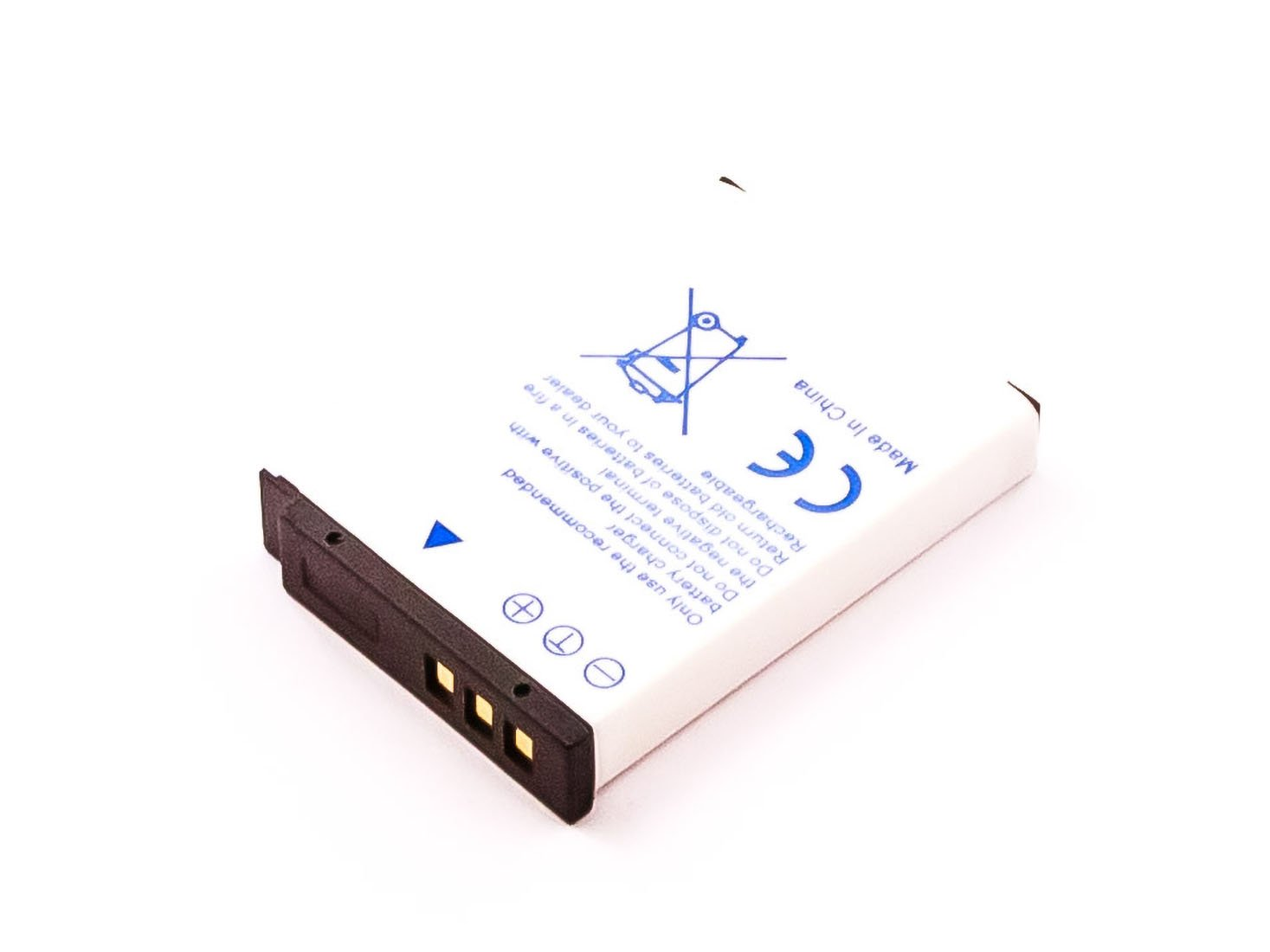 Weiße rechteckige Batterie mit schwarzem Rand und Markierungen.