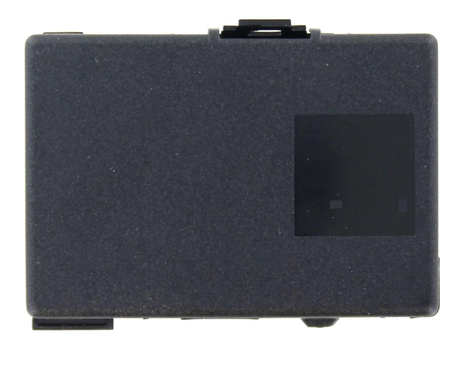 Ein schwarzes rechteckiges Gerät, möglicherweise ein Akku oder eine kleine elektronische Komponente, auf weißem Hintergrund.
