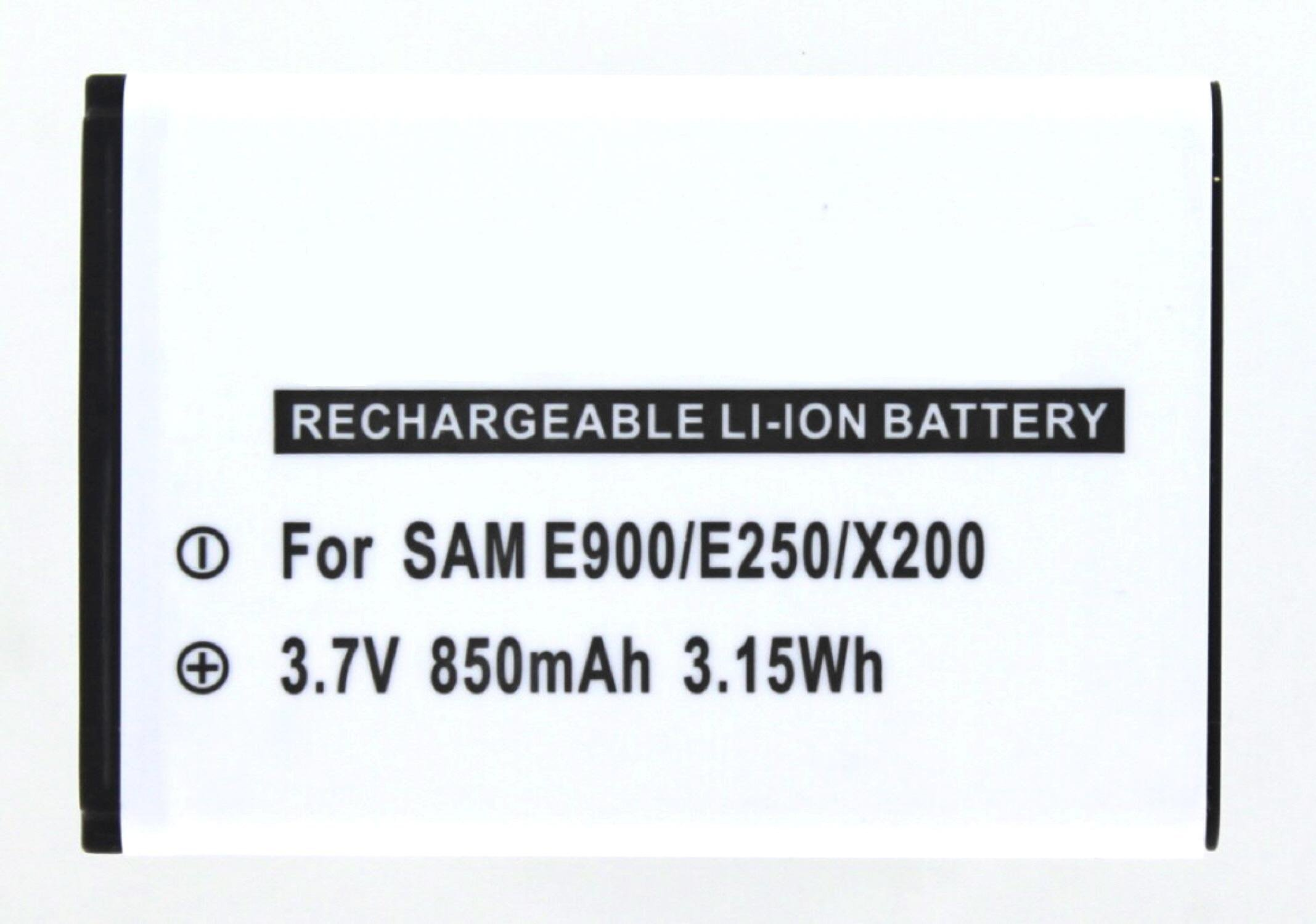 Weißer rechteckiger Akku. Text: Wiederaufladbarer Li-Ionen-Akku. Für SAM E900/E250/X200.