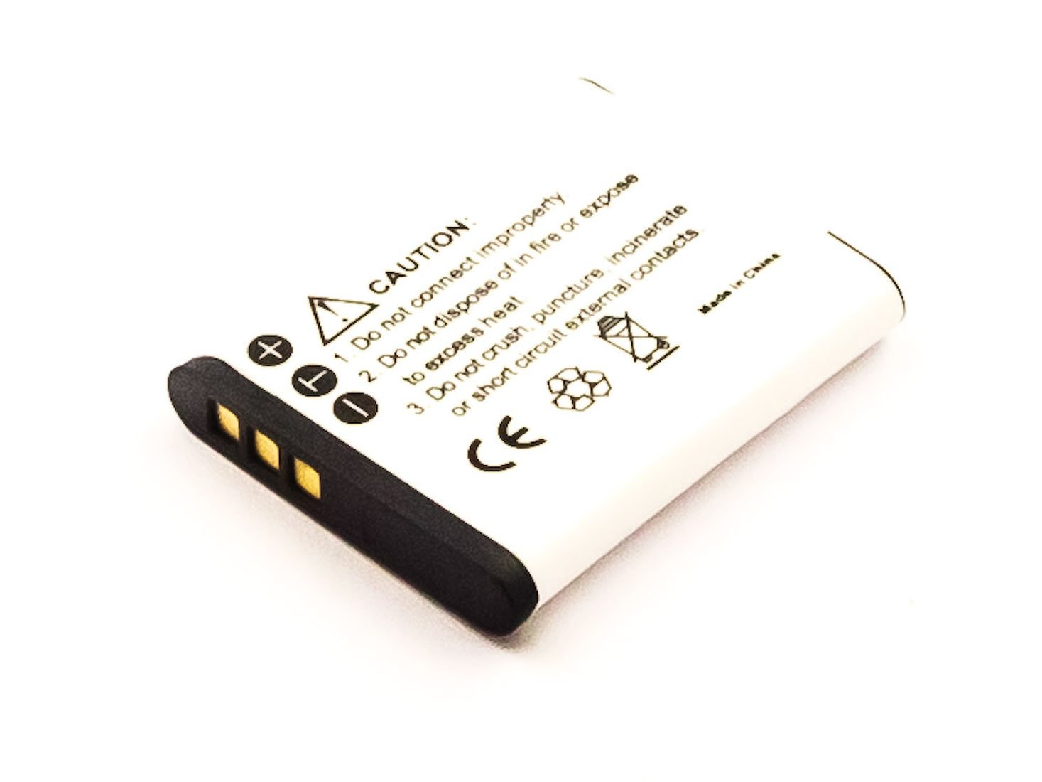 Weiße Batterie mit Text. Achtung: Warnungen vor unsachgemäßer Verwendung. CE-Zeichen.