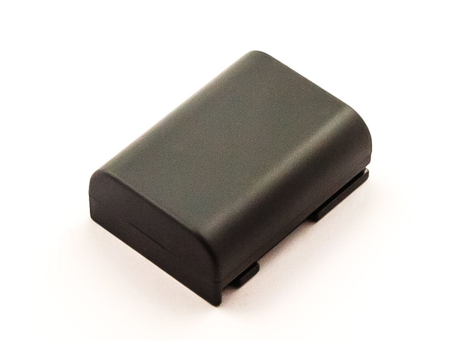 Ein schwarzer rechteckiger Akku, von oben gesehen, auf einer weißen Oberfläche. Minimalistisches Design.