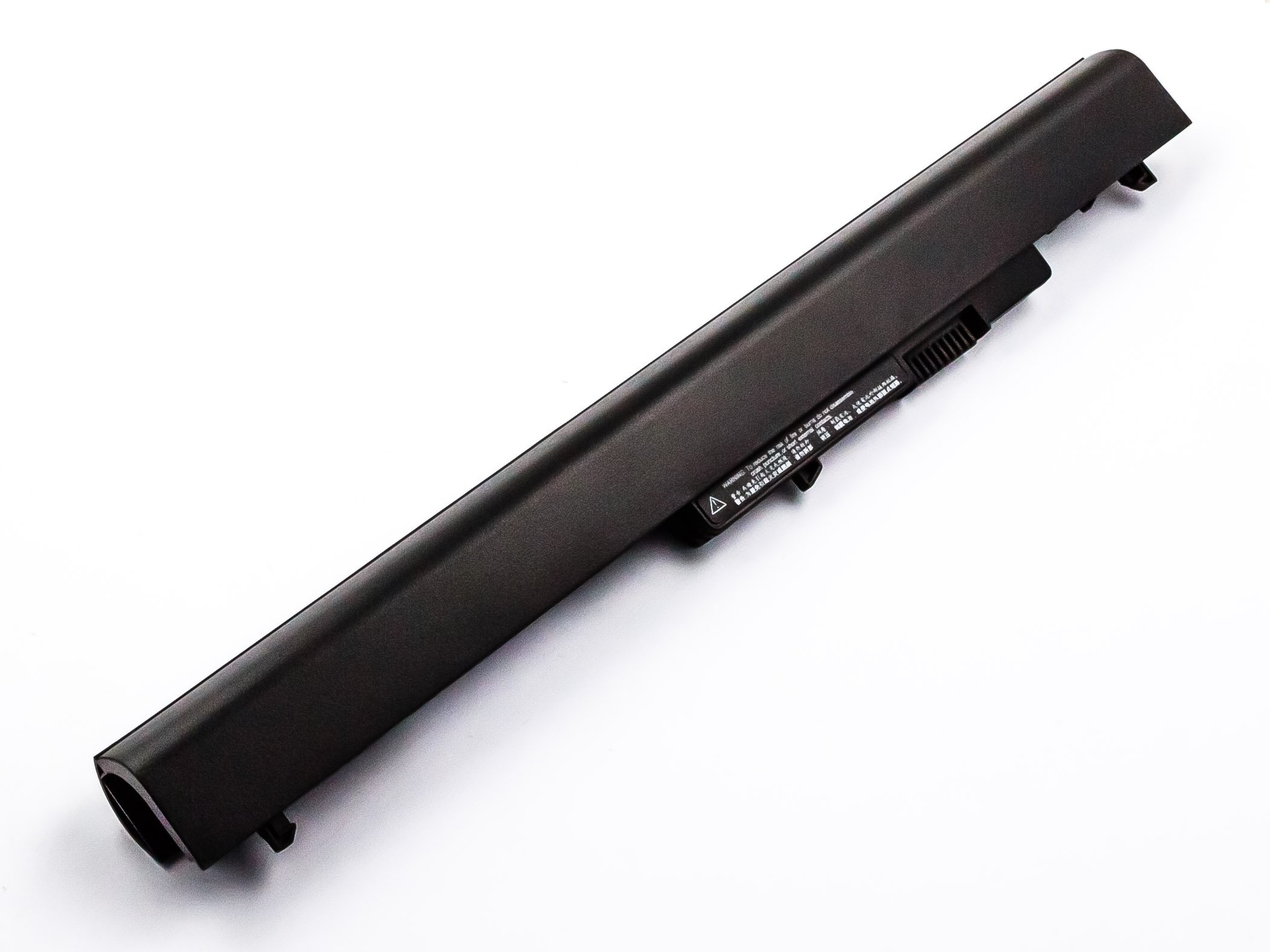 Ein schwarzer Laptop-Akku, von oben gesehen, auf weißem Hintergrund.