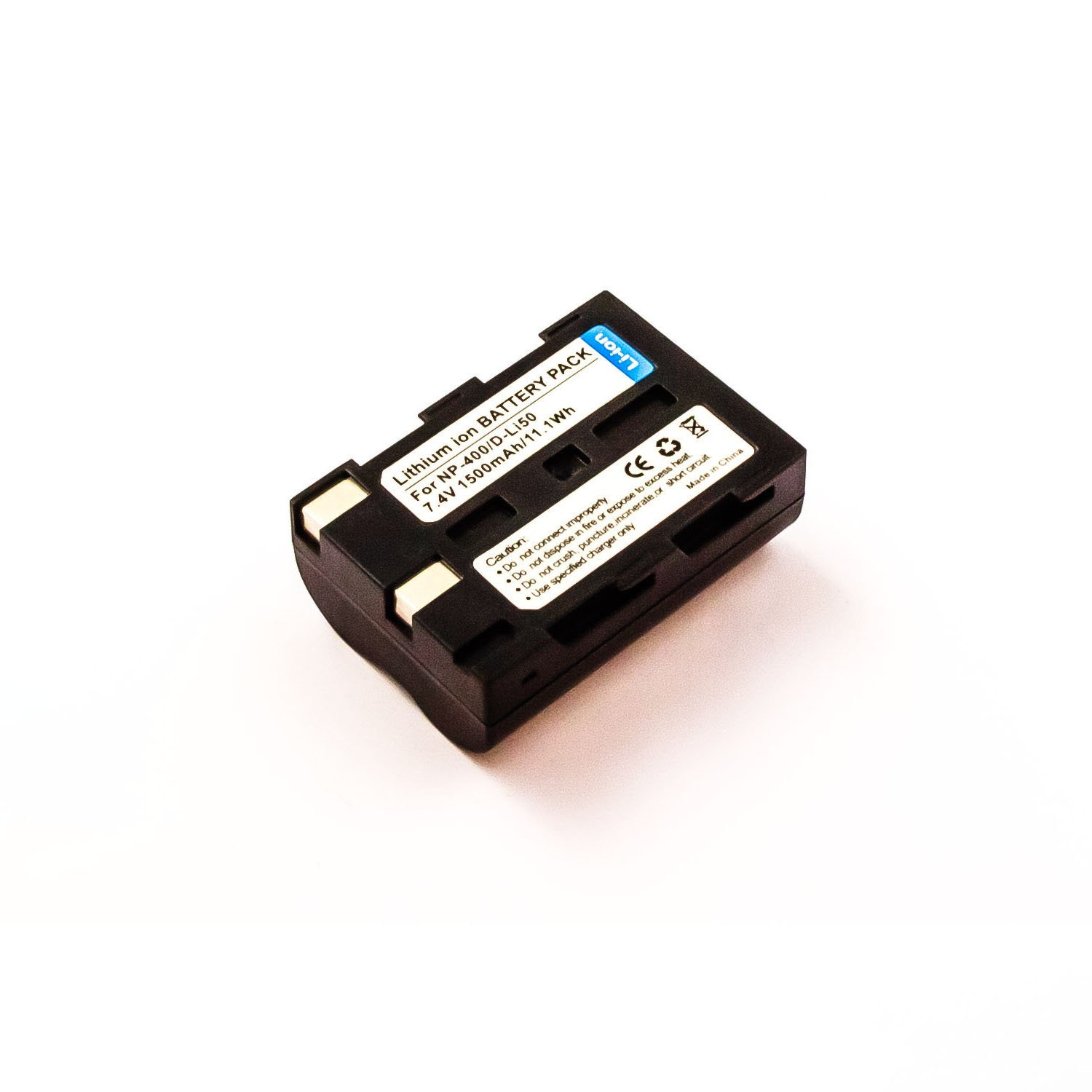 Schwarzer Akku mit weißen Etiketten. Es ist ein Lithium-Ionen-Akku.