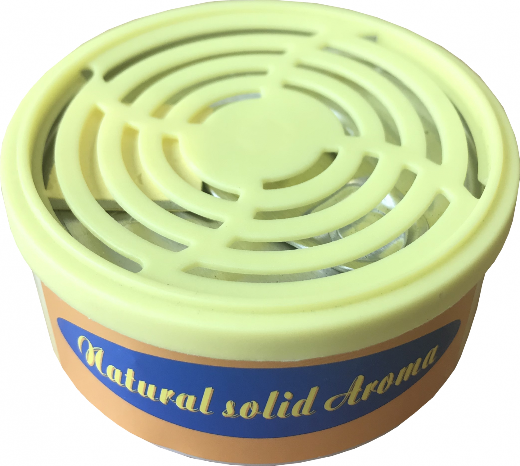 Runder gelber Lufterfrischer mit Netzoberteil und blau-orangem Etikett mit 'Natural solid Aroma'.