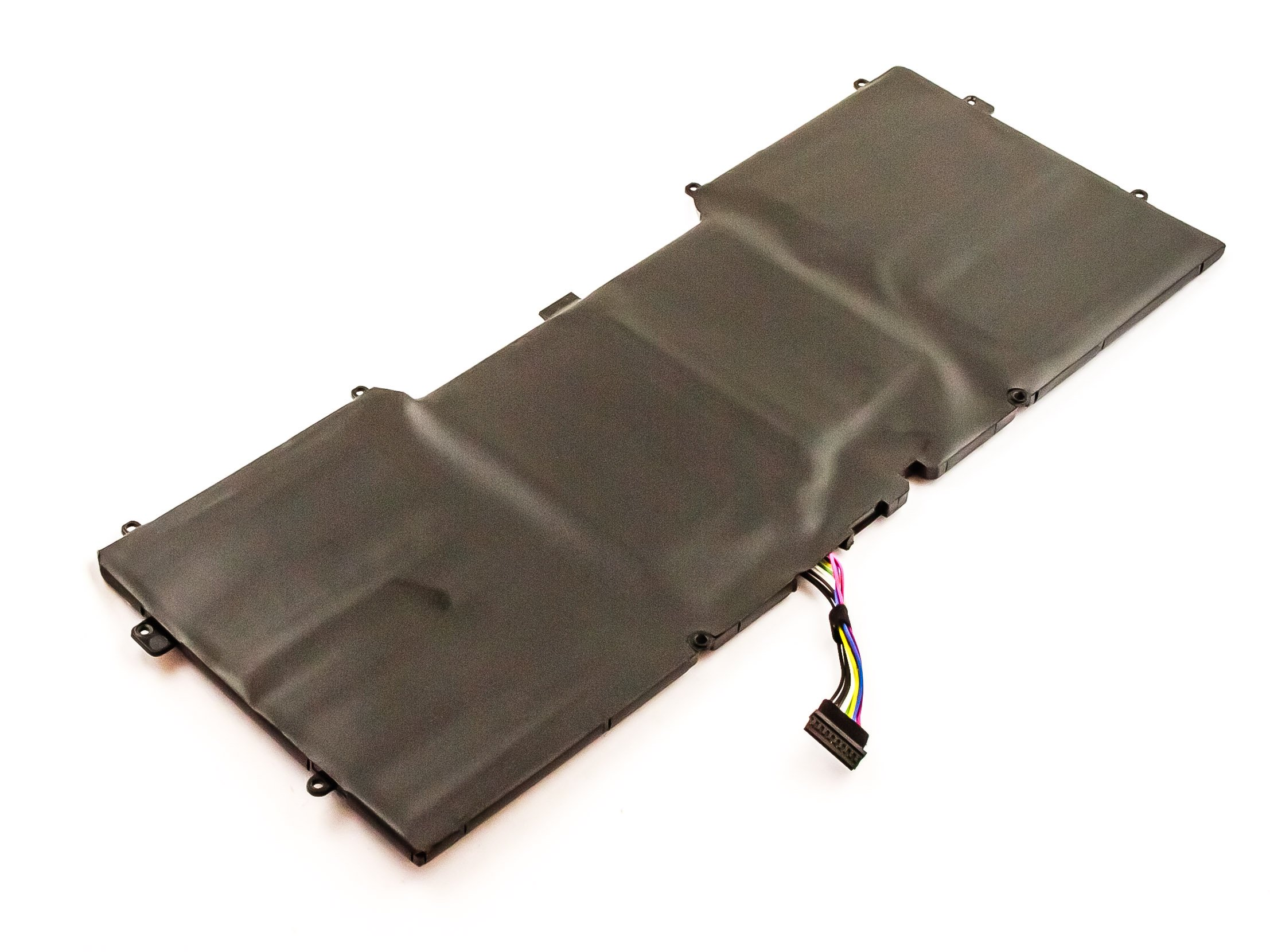 Ein schwarzer Laptop-Akku auf weißem Hintergrund. Es hat einen Stecker und farbige Drähte.