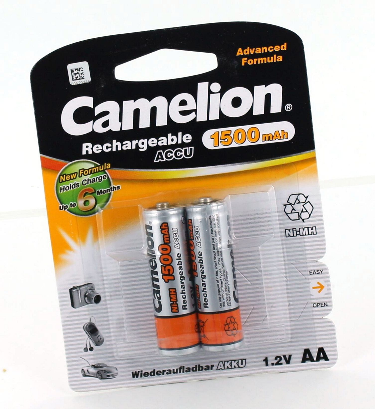 Zwei AA-Batterien in Blisterpackung. Packung mit Etikett und Symbolen. Marke: Camelion.