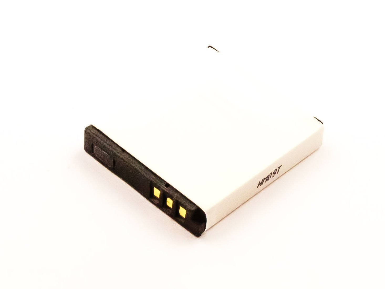 Weißer Akku mit drei goldenen Anschlüssen an der Seite. Oberes Etikett mit HP10BT-Text.