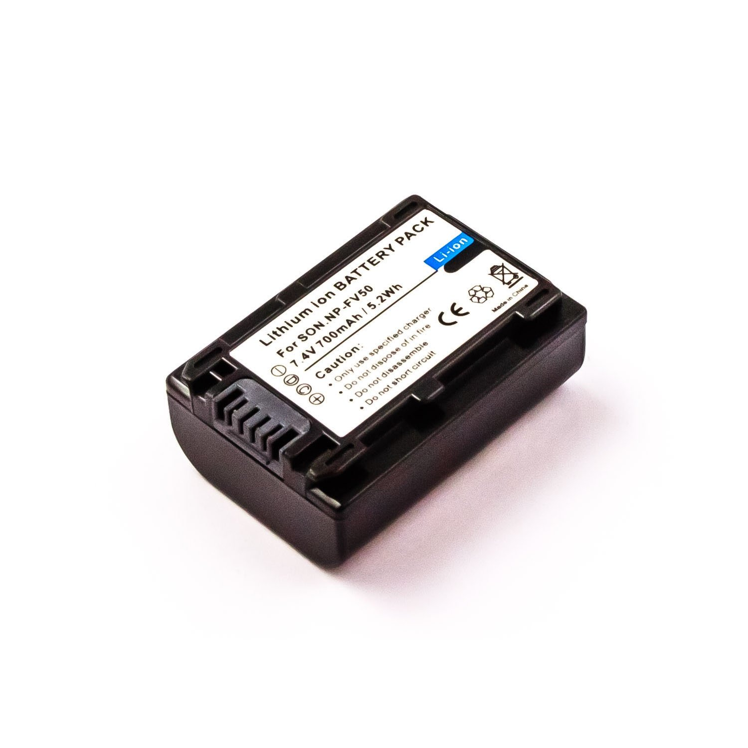 Schwarzer rechteckiger Lithium-Ionen-Akku mit Text und Warnhinweisen.