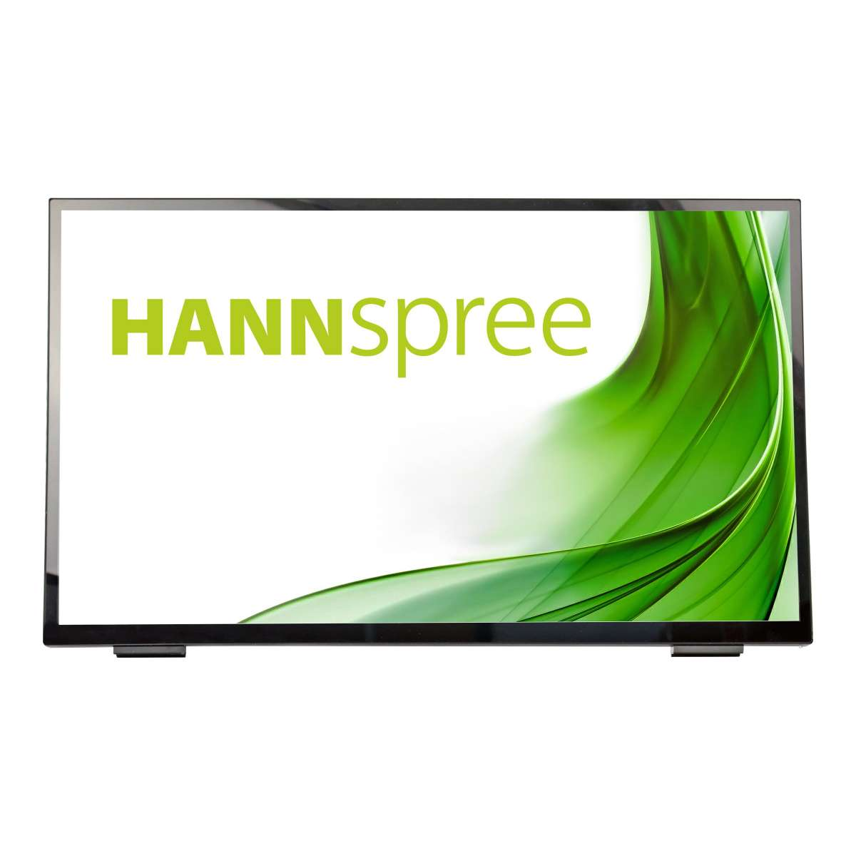 Televisor de pantalla plana con la palabra 'HANNSspree' y diseño verde y blanco.
