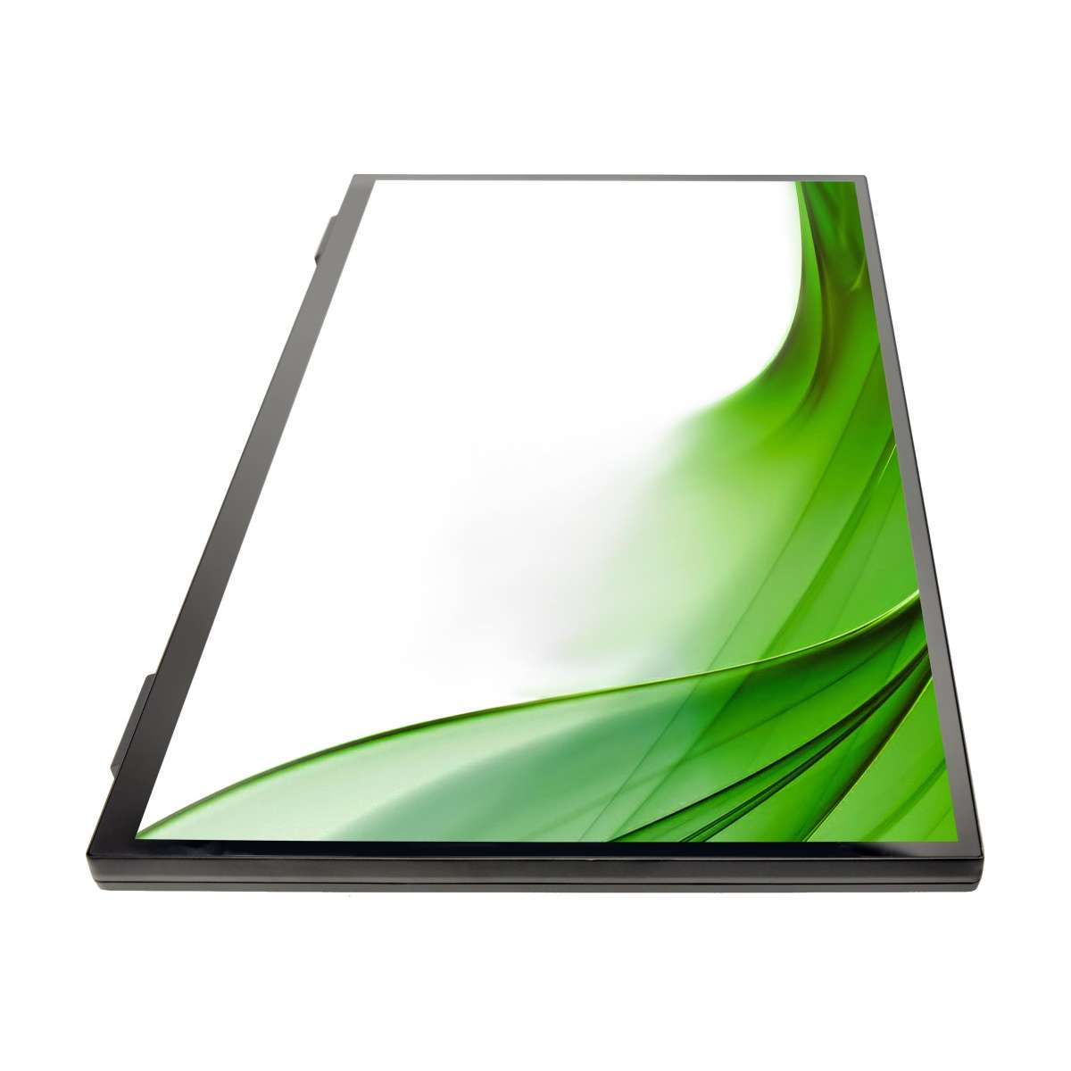 Una pantalla de monitor con un fondo blanco y un diseño de onda verde. La pantalla está en un marco negro.