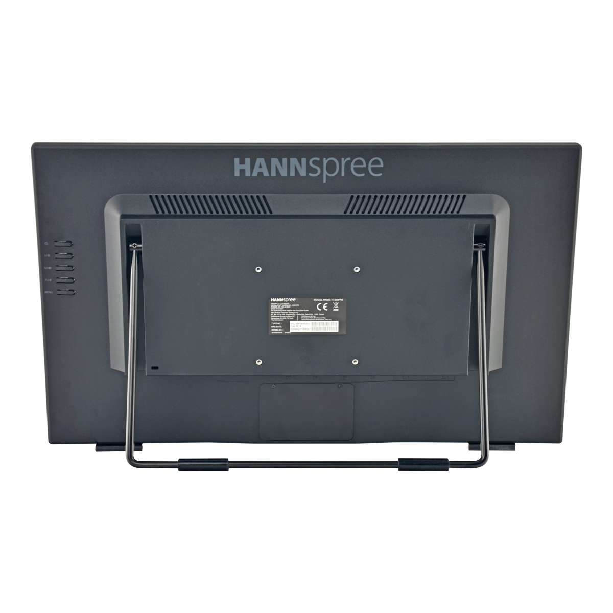 La parte trasera de un monitor de computadora. Tiene la marca HANNSspree. Tiene un soporte y varios puertos.