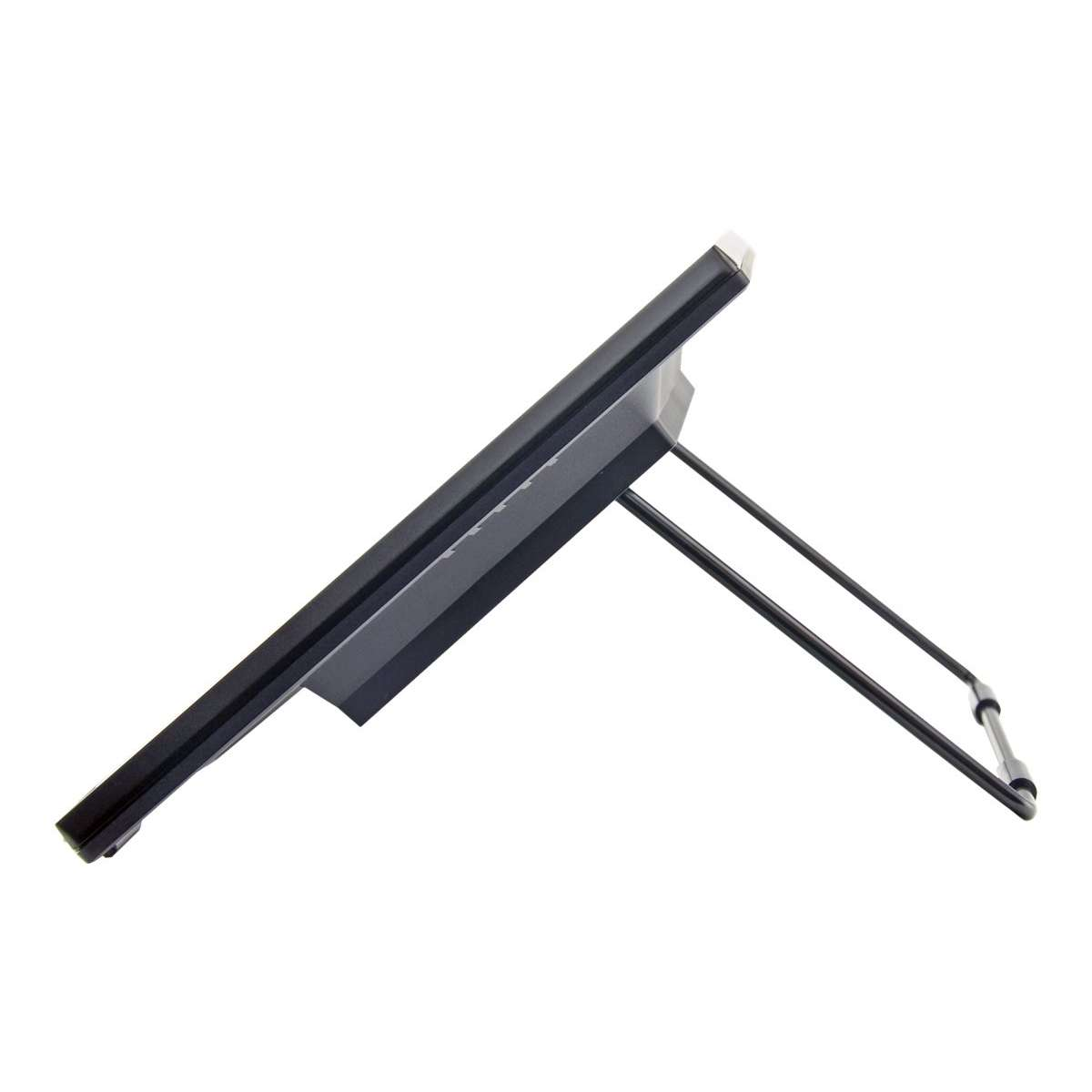 Un soporte negro para tableta con pata de soporte en vista lateral, sobre un fondo blanco.