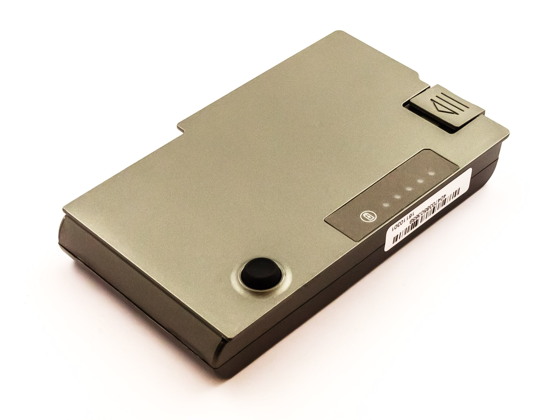 Ein grauer Laptop-Akku mit schwarzem Power-Knopf und Akku-Füllstandsanzeige. Weißer Hintergrund.