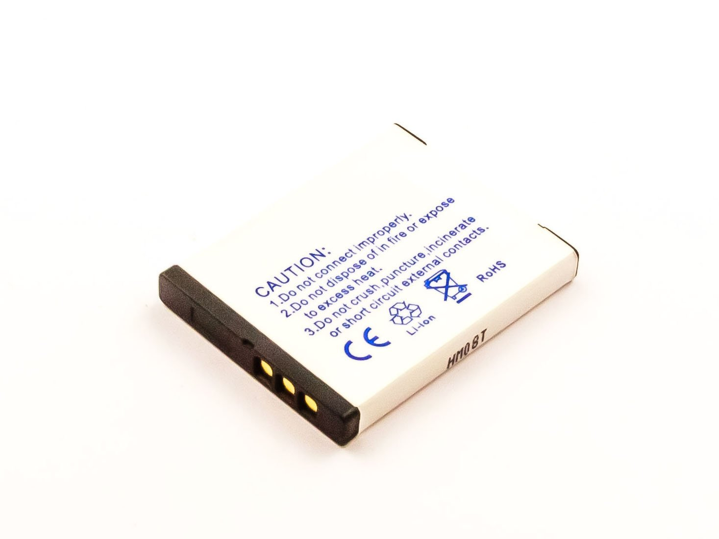 Kleine weiße Batterie. Schwarzer Rand und drei goldene Kontaktpunkte. Vorsicht Text auf dem Etikett.