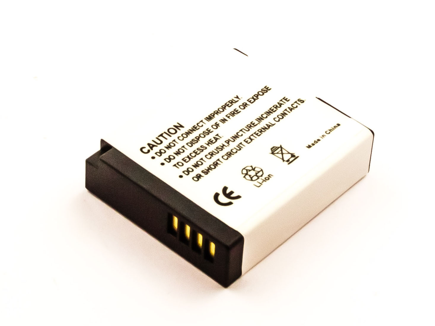 Ein weißer Akku mit schwarzen und goldenen Kontakten. Text und Symbole sind auf der Batterie.