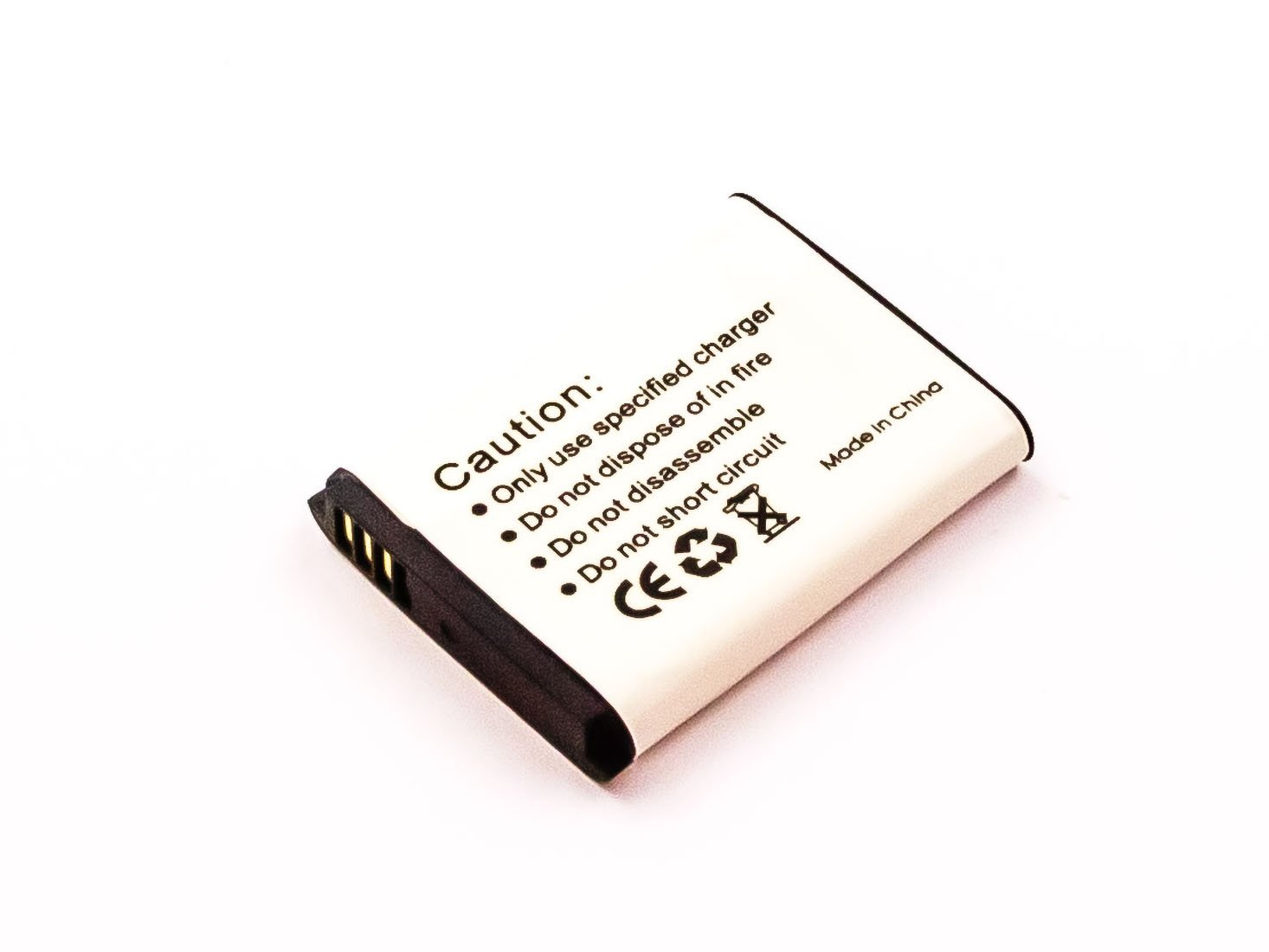 Weiße Batterie mit Warnhinweisen. Schwarzer Text. Schwarzes Ende. Weißer Hintergrund.