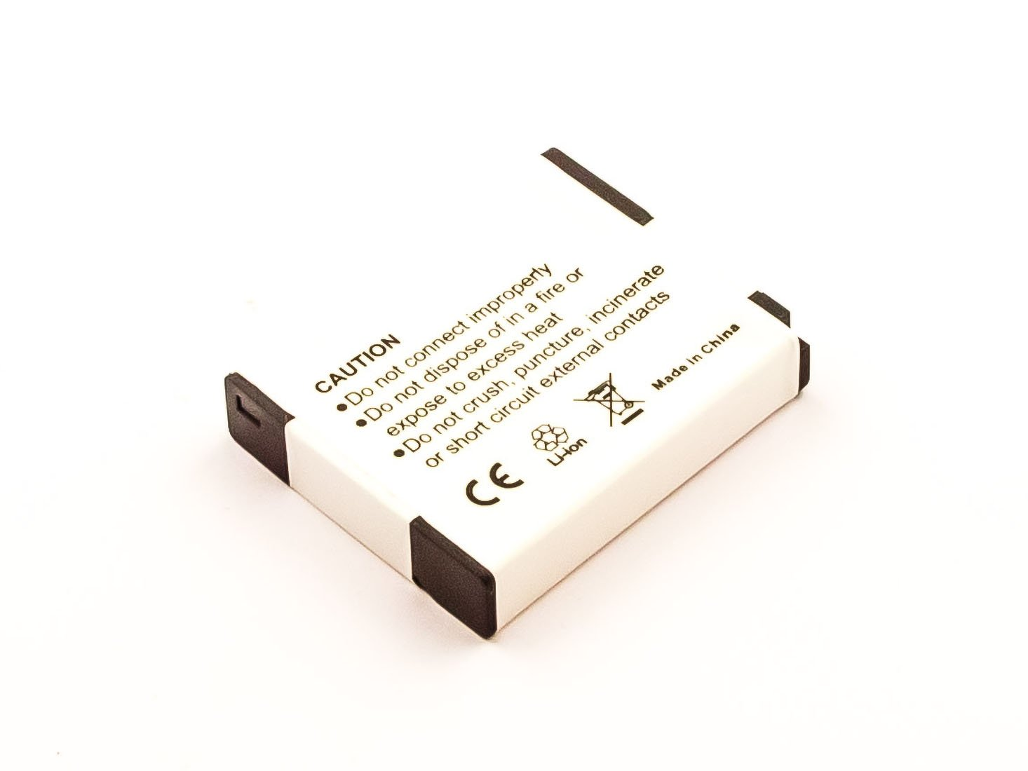 Weiß-schwarzer Akku mit Text auf dem Etikett. Enthält Vorsichtshinweise und das 'Li-ion'-Symbol.