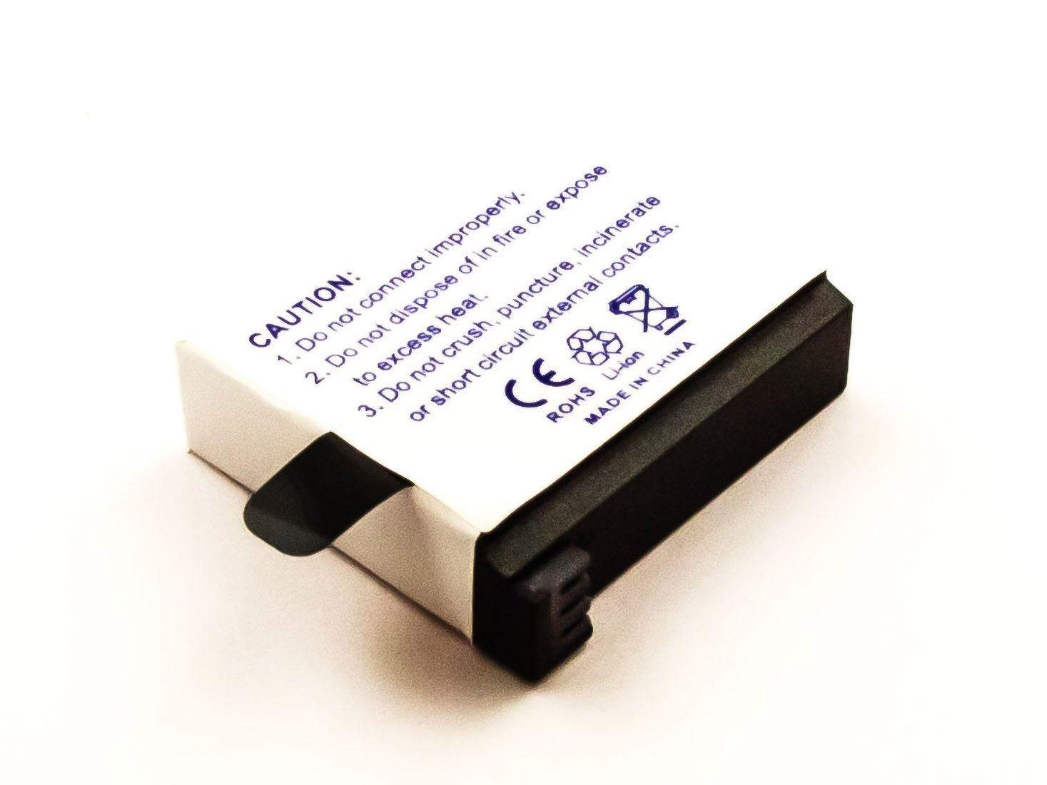Kleine weiße und schwarze Batterie mit Warnetikett und schwarzem Stecker.