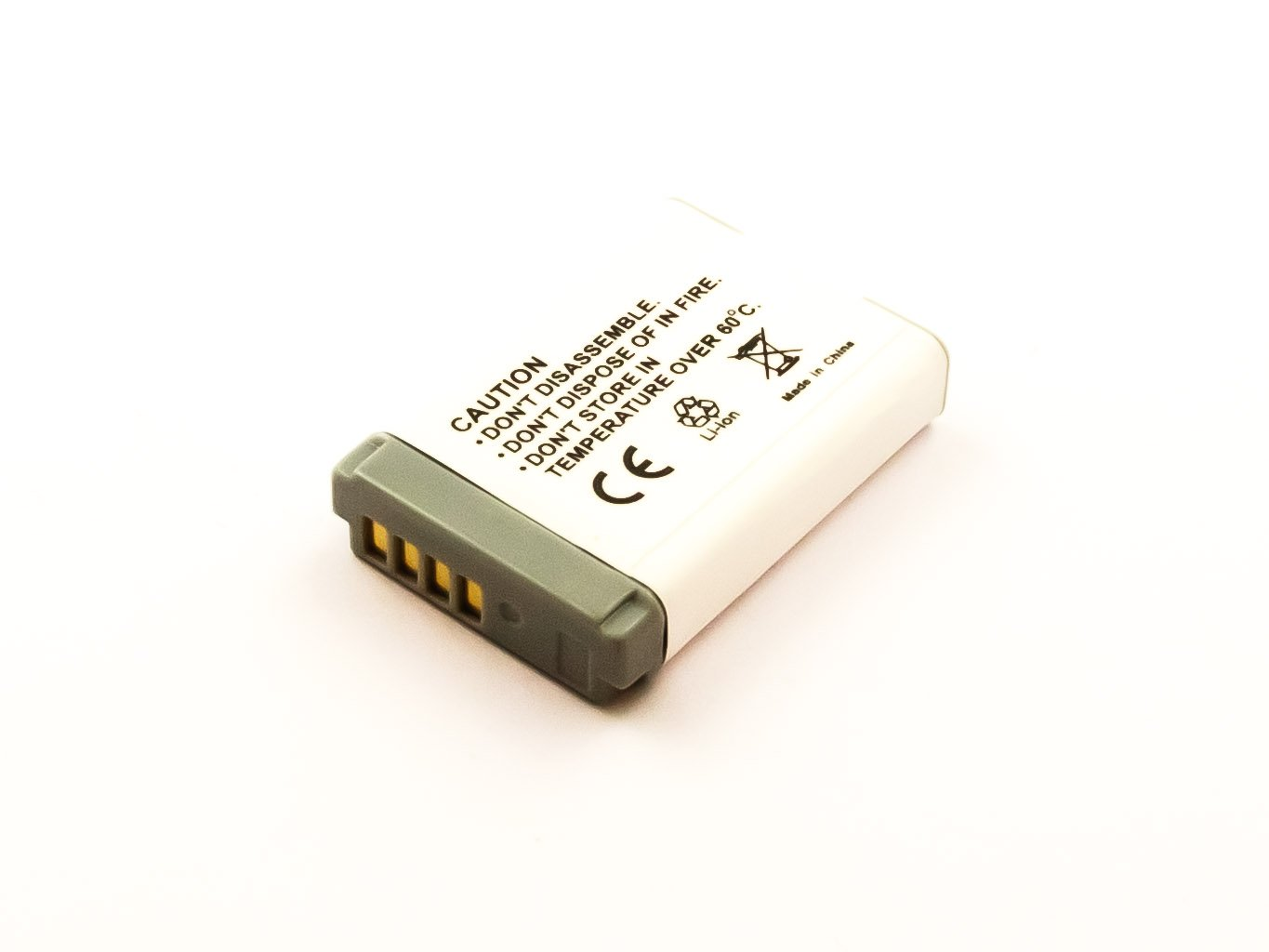 Kleine weiße Batterie mit Text und Warnhinweisen. Grauer Anschluss. Isoliert auf weißem Hintergrund.